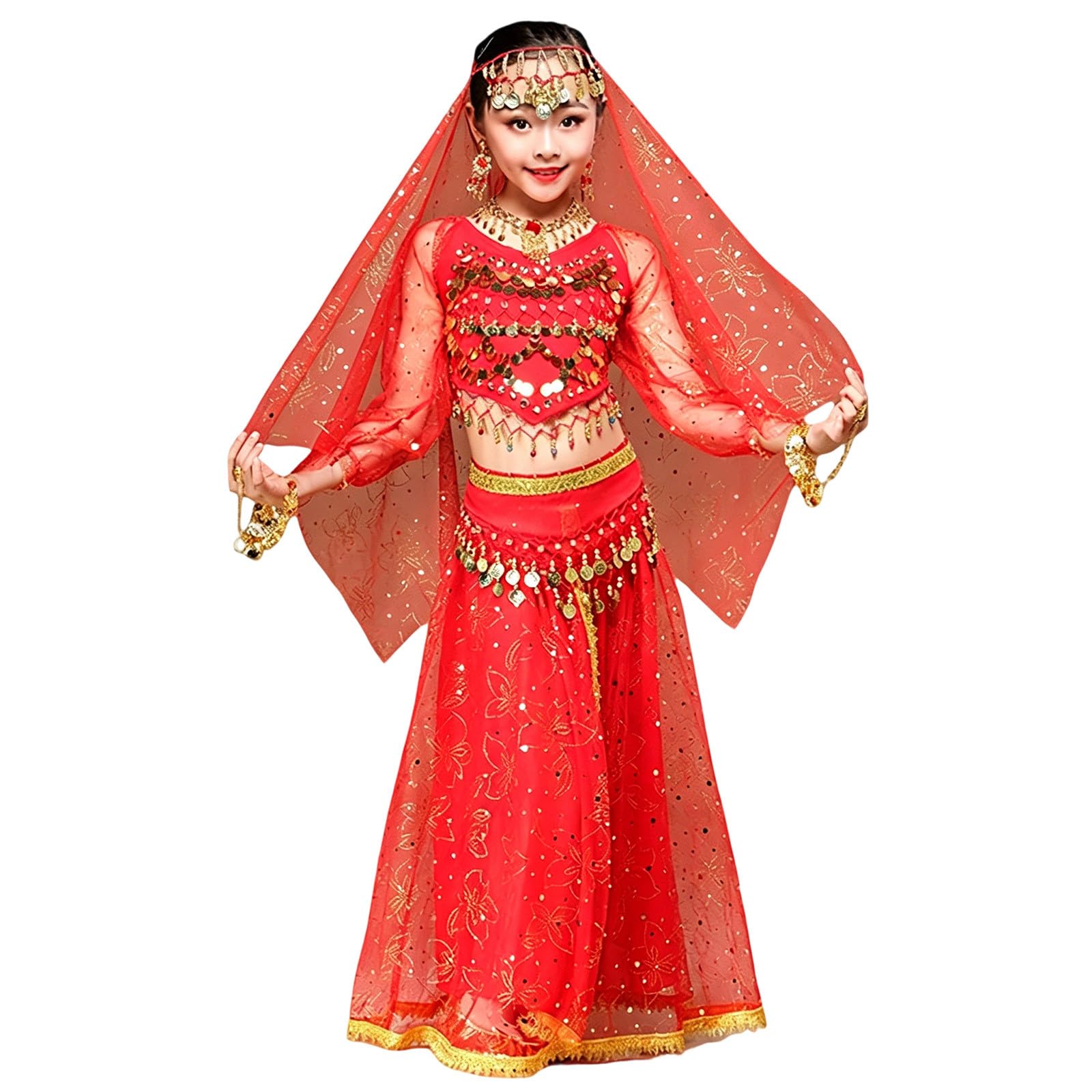 Costume Danza del Ventre in Stile Xinjiang, Gonna Dorata a Maniche Corte, per spettacoli e Feste Etniche.