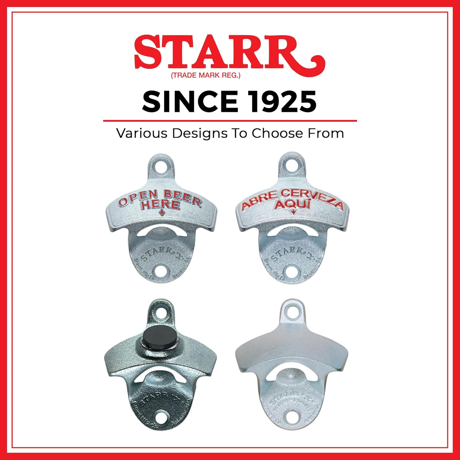 STARR Original Plain Wall Mounted Bottle Opener, Durable American-Owned Powder Coated Cast Iron Bottle Opener with Screws, Vintage-Style Wall Mount for Bar, Garage, Patio, Kitchen, Easy to Install (2)