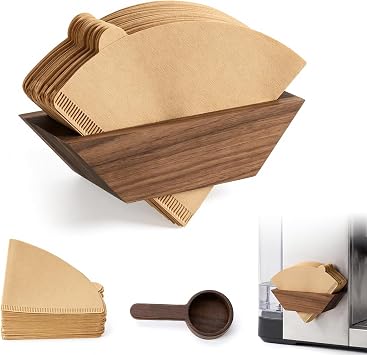 Magnetic Coffee Filter Holder Set, Walnut Wood Cone Coffee Filter Storage for Fridge, Includes 100 Count Paper Filters & Spoon, Pour Over Bar Organizer Accessories