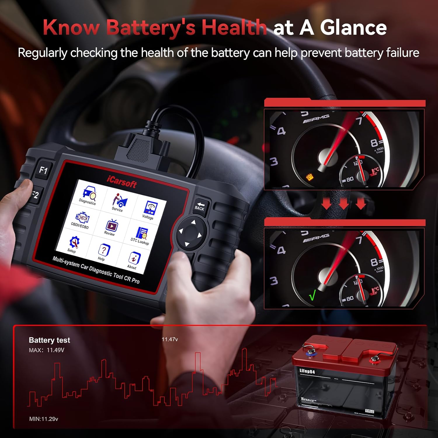 iCarsoft CR Pro Enhanced Version OBD2 Scanner Diagnostic Tool, 15 Special Service All System Car Scan Tool Battery Test Live Data Graph Fault Code Reader