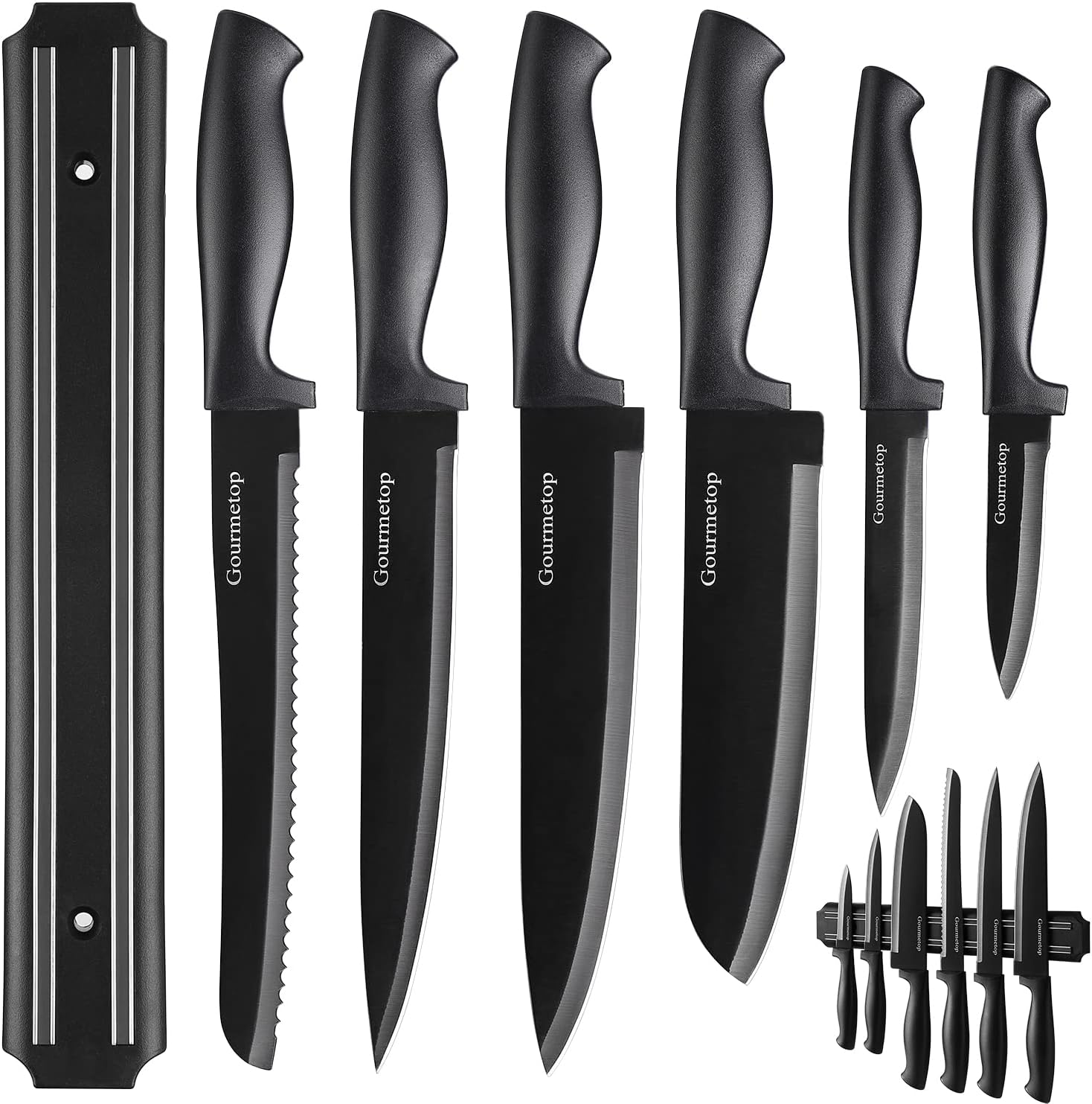 Gourmetop Kitchen Knife Set with No Drilling Magnetic Strip for Kitchen Black Titanium Small Cooking Knives, Sharp Stainless Steel Chef Knife Set for Cutting Meat & Vegetable