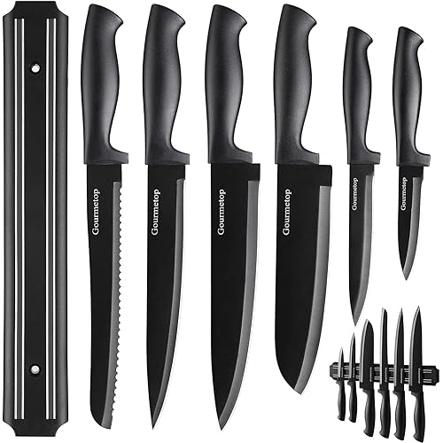 Kitchen Knife Set with No Drilling Magnetic Strip, Knives Set for Kitchen Black Cooking Knives, Sharp Stainless Steel Chef Knife Set for Cutting Meat & Vegetable, Small Knife Set
