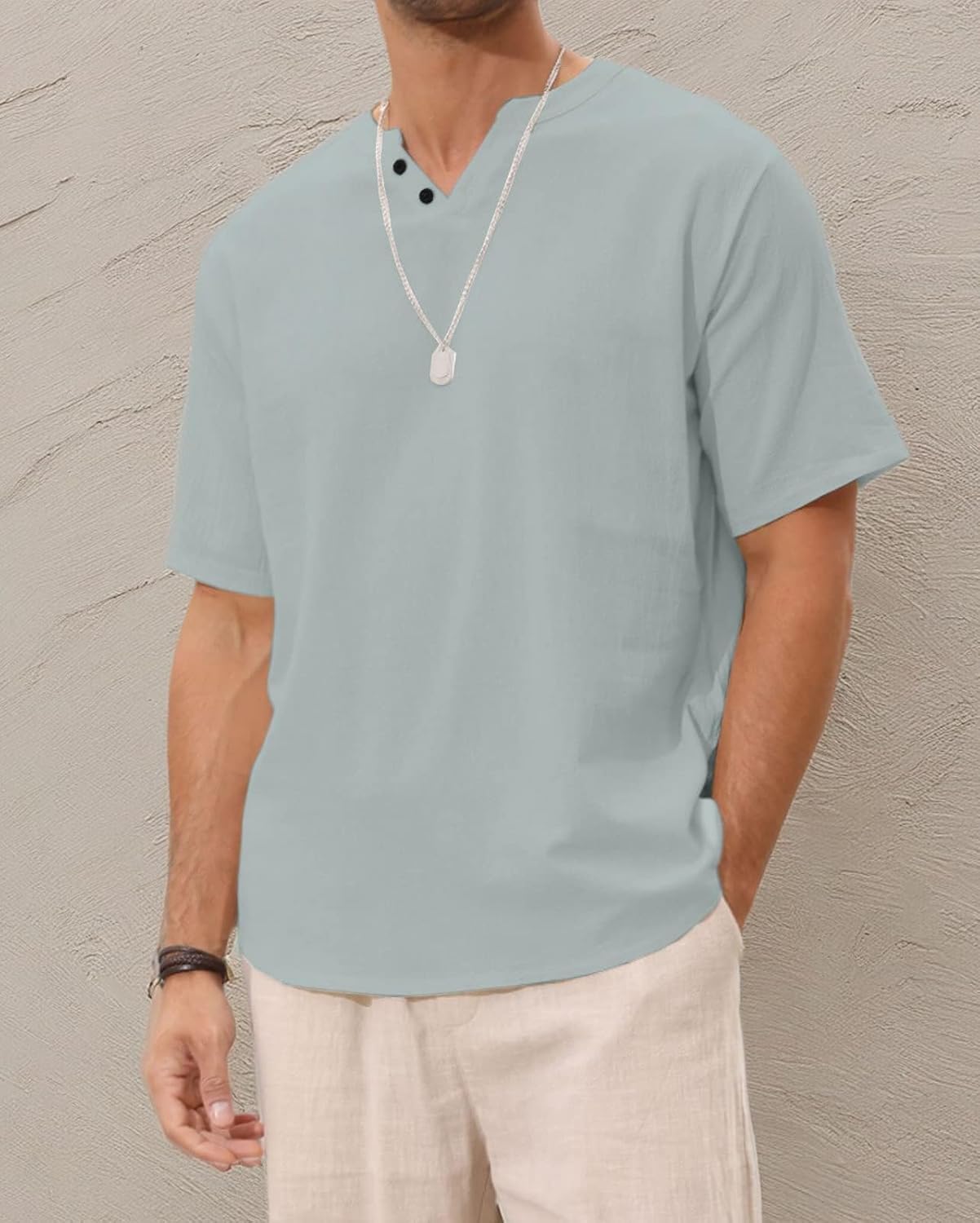 Angbater Men's Linen Shirt Short Beach Hippie T Shirts Casual Summer Lightweight Tropical Henley Shirts - Image 7