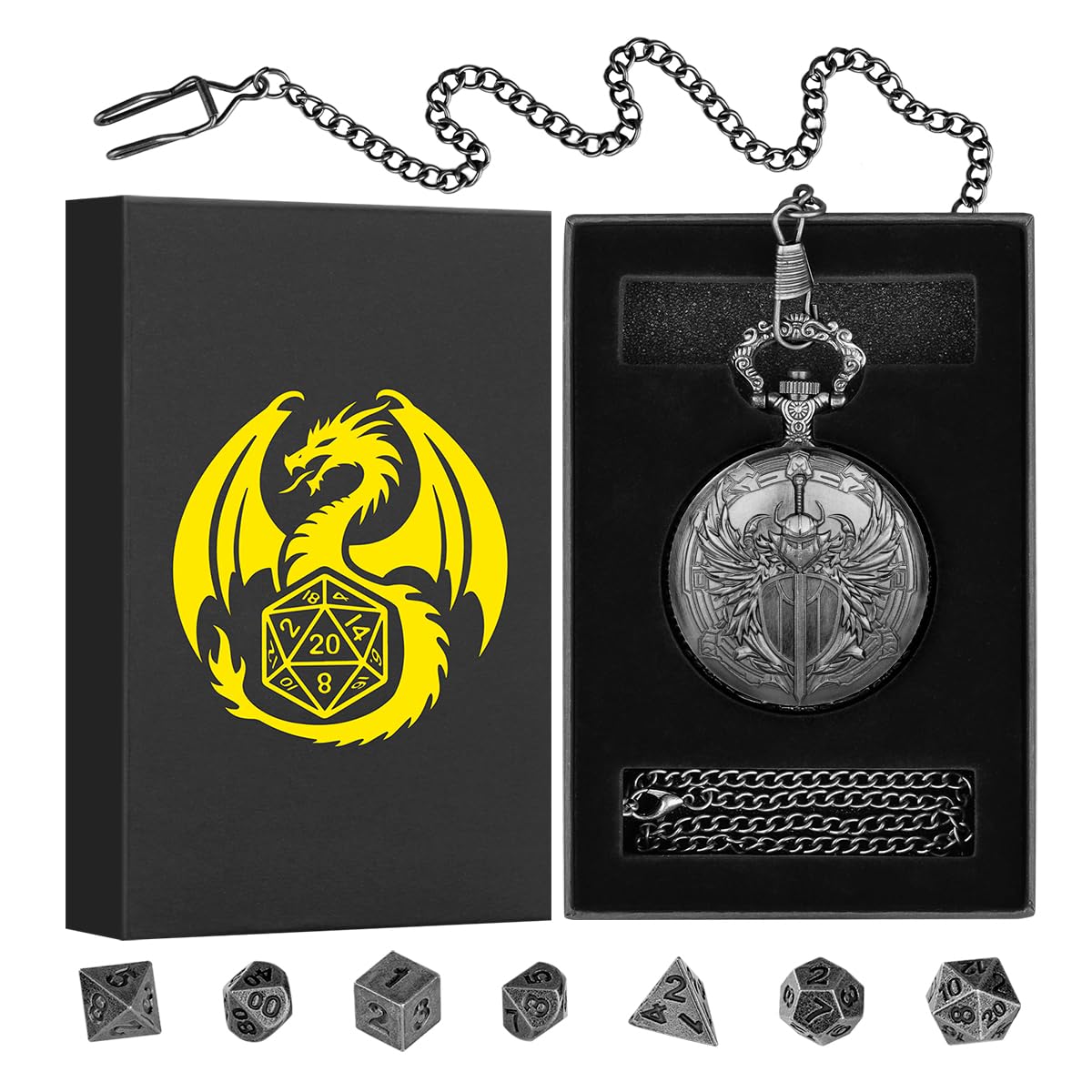 Mini DND Dice Set including Steampunk Paladin Pocket Watch Shell Case, DND Starter Set, 7pcs Polyhedral Mini Metal Dice Set - Image 2