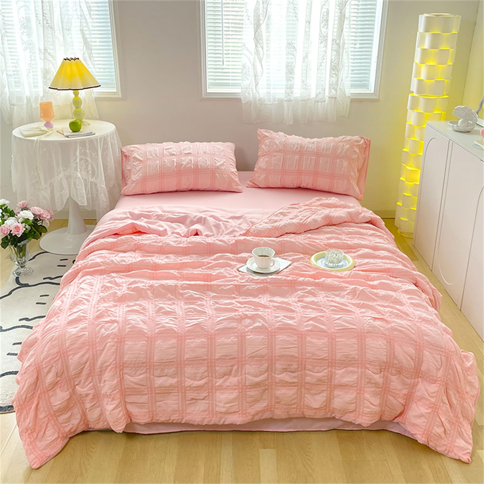 Odot Coverless Duvet 4.5 Tog Single Double King Size, Seersucker Summer Quilted Duvet Cosy and Lightweight Quilt Breathable Bedspreads Quilted Throw for Beds (Pink,200 * 230cm)