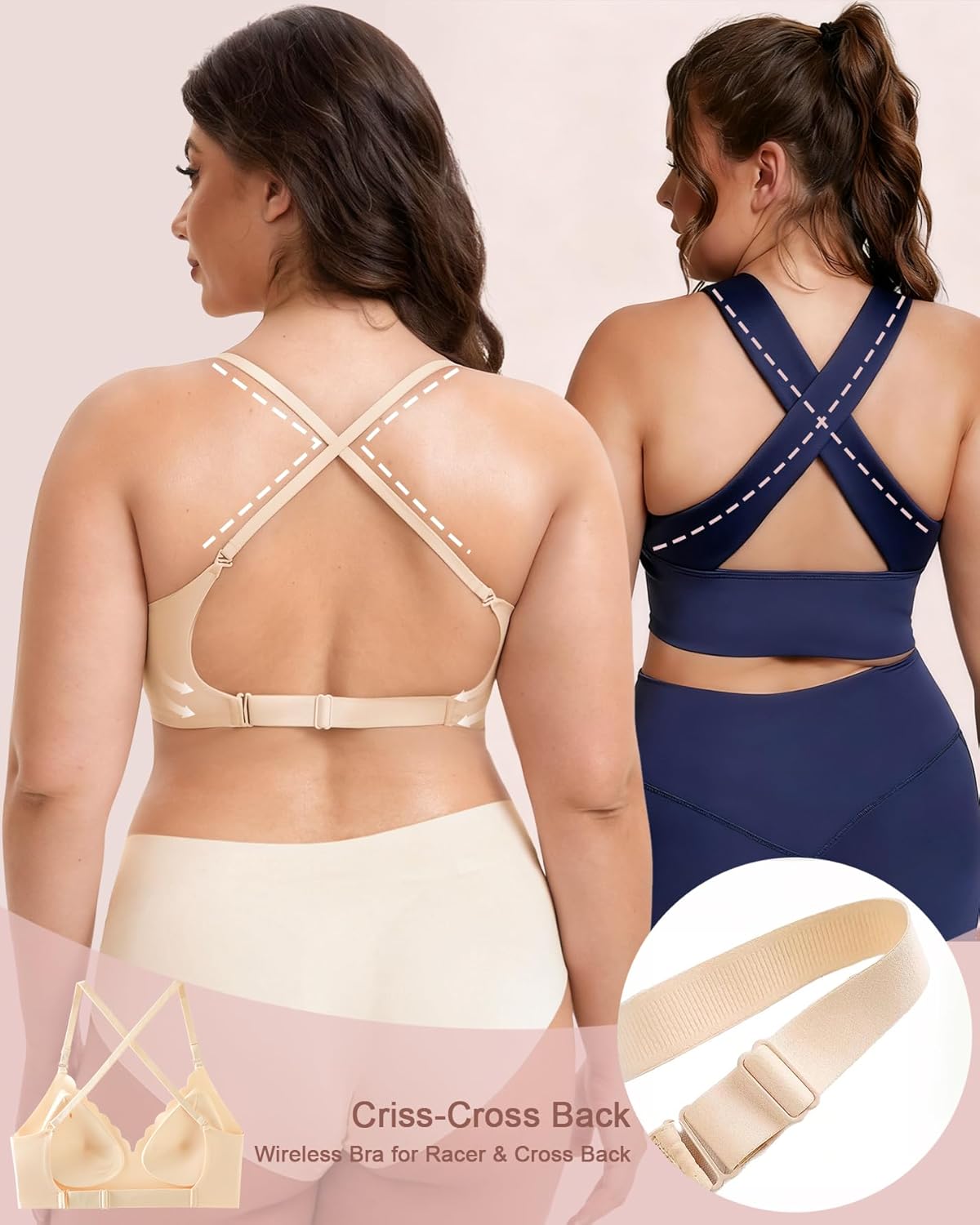 Low Back Bra - Halter Bra Backless Padded Low Cut Seamless Wave Bras Scalloped V Neck Criss-Cross Multiway Bralette - Image 5