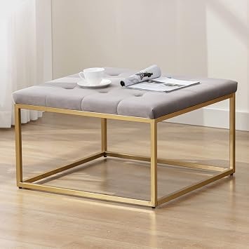 DUHOME Square Ottoman Coffee Table, Velvet Ottoman Foot Rest Upholstered Button Tufted Ottoman for Living Room with Metal Frame, Gray & Golden Base