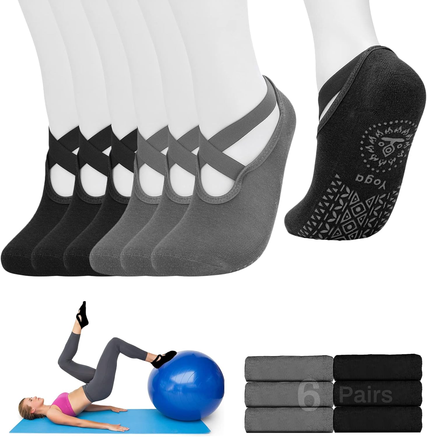 Luckit 6 Pairs Pilates Socks for Women, Non-Slip Yoga Socks with Grips & Straps for Barre, Ballet, Dance, Hospital, Barefoot