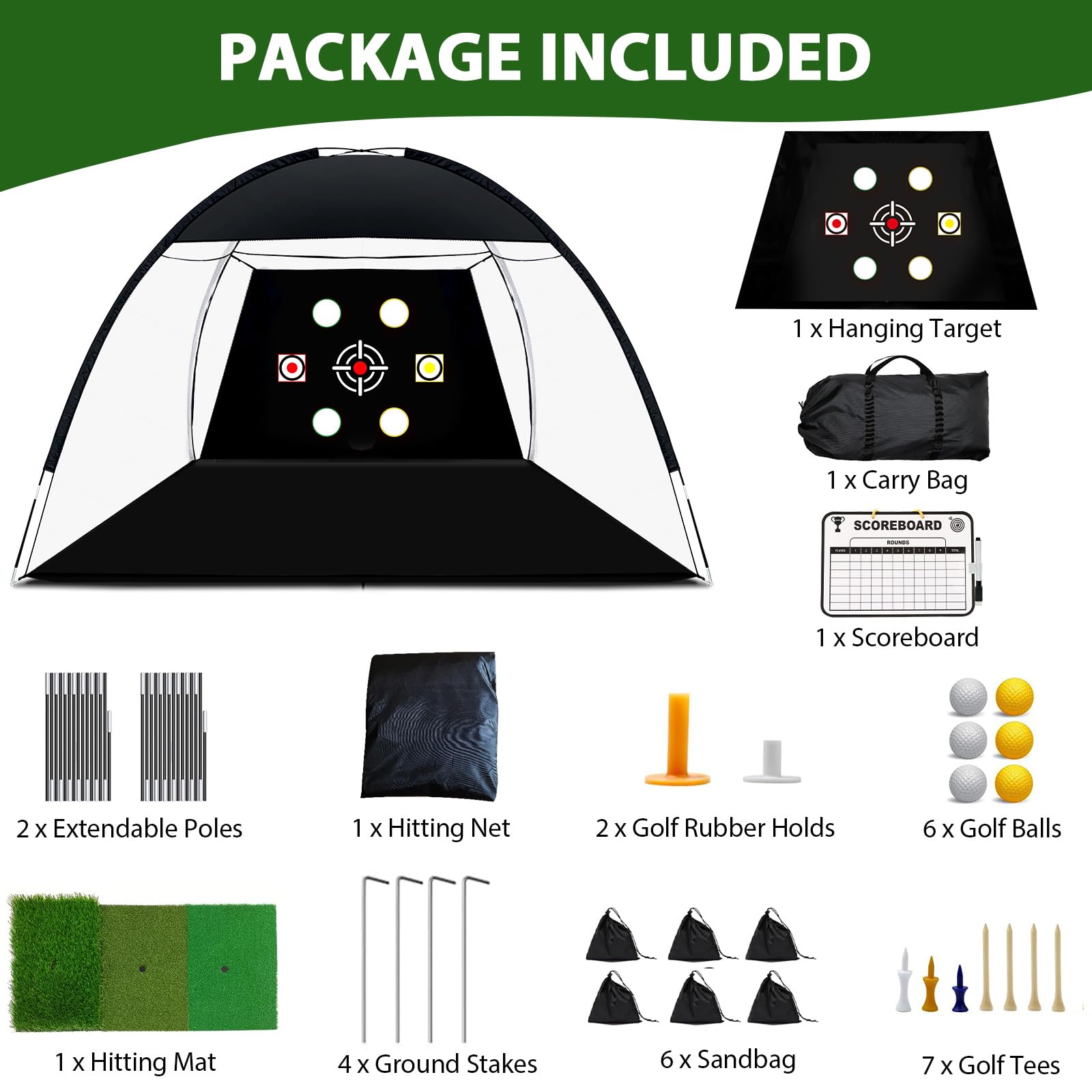 Golf-Netz, 3 x 2,1 m, Übungsnetz mit Tri-Rasen-Golfmatte, Ball, Tee, Tasche, All-in-One-Multziel-Schlaghilfe-Netz, Outdoor-Chipping-Trainingsnetze für Hinterhof, Geschenk für golf