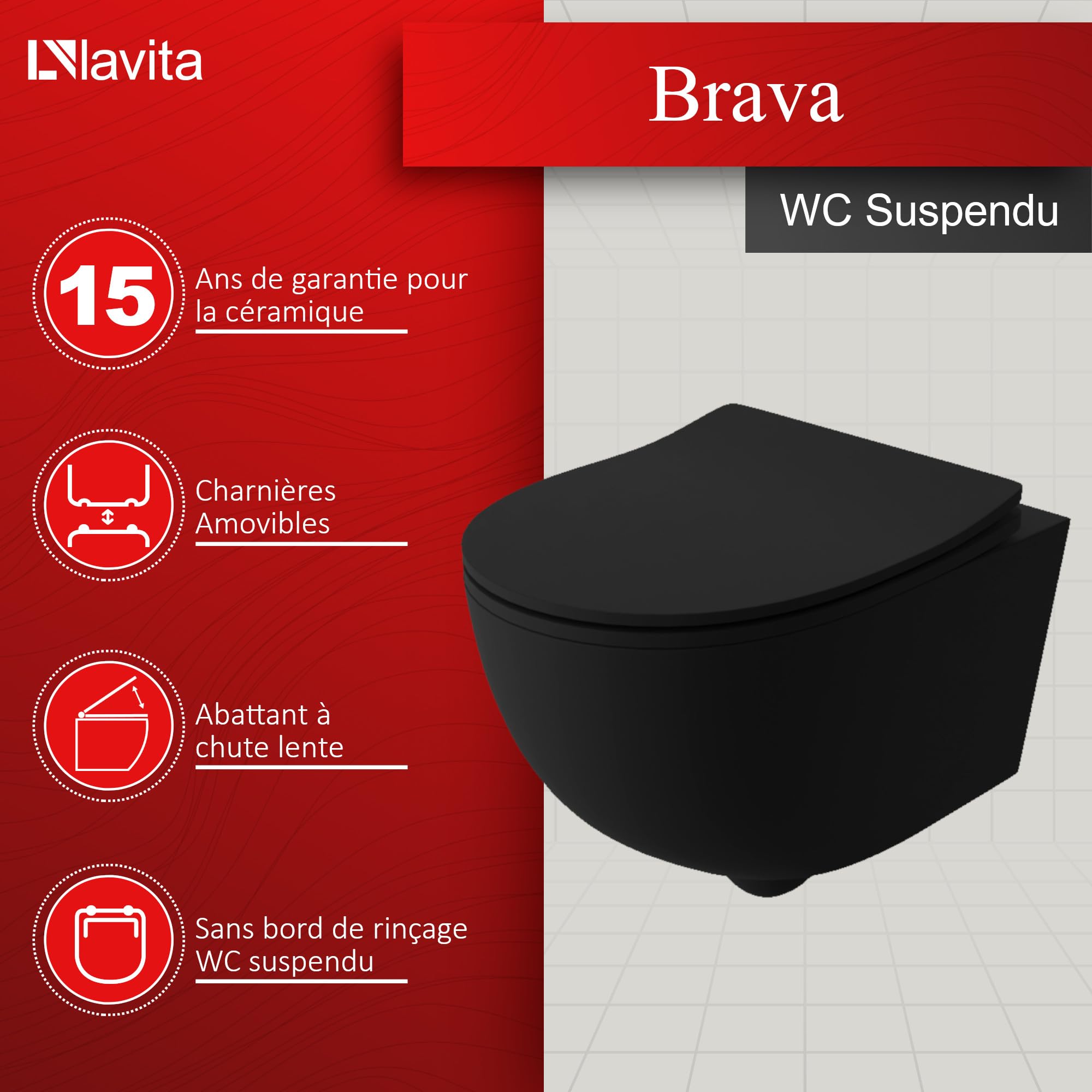 LAVITA Brava Black Abattant de WC suspendu avec système d'abaissement automatique et charnières en métal Noir 360 x 480 x 375 mm
