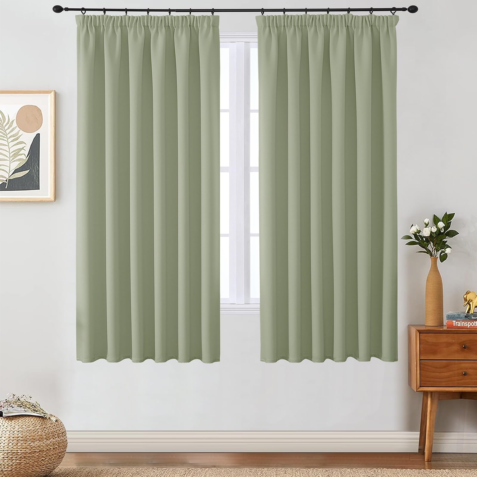 VEHEDE Short Curtains for Small Window – Pencil Pleat Blackout Drapes, Thermal Insulated, Sage Green, W46 x L63 Inch, 2 Panels — image 1