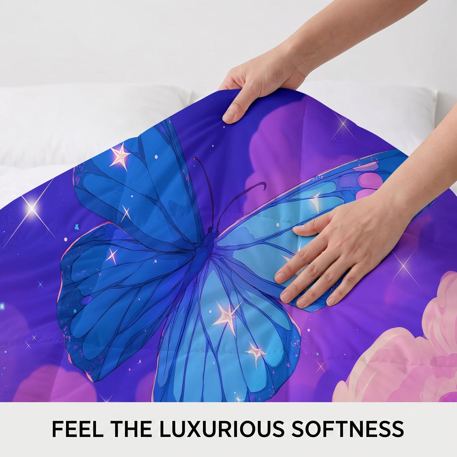 Bettdecken-Set mit Traumhaft Nachthimmel Fantasie Schmetterling Muster, Einzelbett Sternenhimmel Nachtansicht 3 Teilig Bettwäsche-Set Steppdecke mit 2 Kissenbezug für Schlafzimmer als Sofaüberwurf