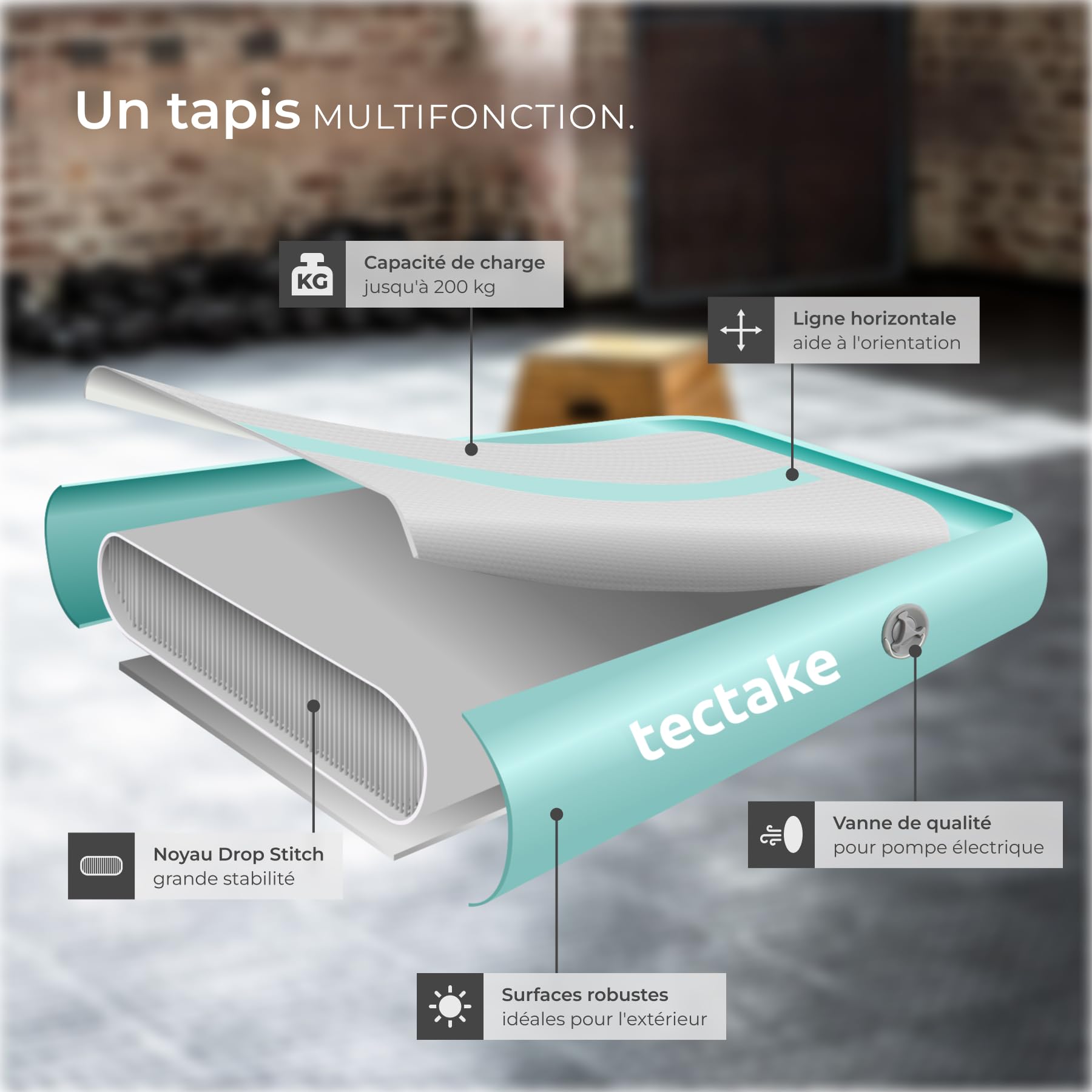 tectake® Tapis de sport Airtrack 397 x 104 x 10 cm, Tapis de gymnastique gonflable épais, Tapis de yoga Pliable, Antidérapant & Imperméable, Gonflage rapide, Fitness Arts martiaux Pilates Musculation