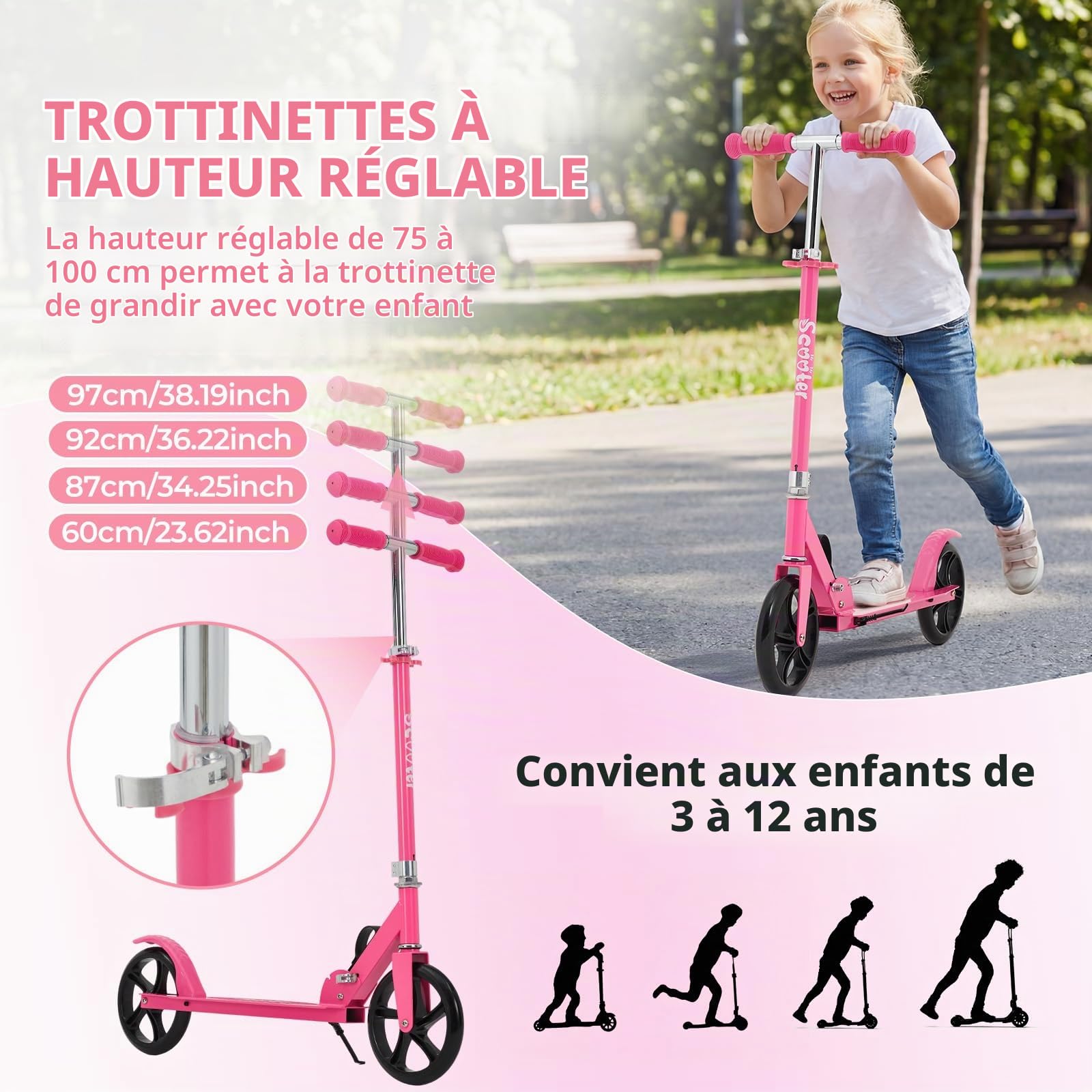 Garvee Trottinette Enfants Pliable à 2 Roues Grands, Trottinette Pliable Hauteur Réglable Scooter, Trottinette pour Filles Et Garçons, Scooter 6+ Ans