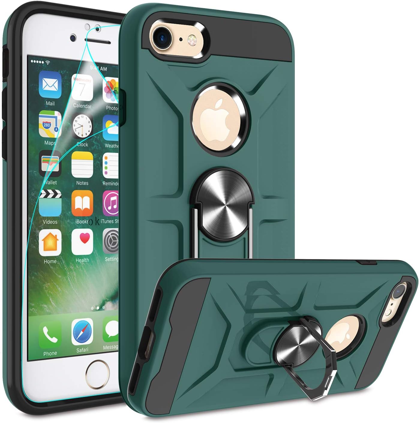 iPhone 8 Case, iPhone 7 Case, iPhone 6s/ 6 Case with HD Screen Protector, Atump 360° Rotation Ring Kickstand [Work with Magnetic Car Mount] PC+ TPU Phone Case For Apple iPhone 6/6s/7/8, Midnight Green