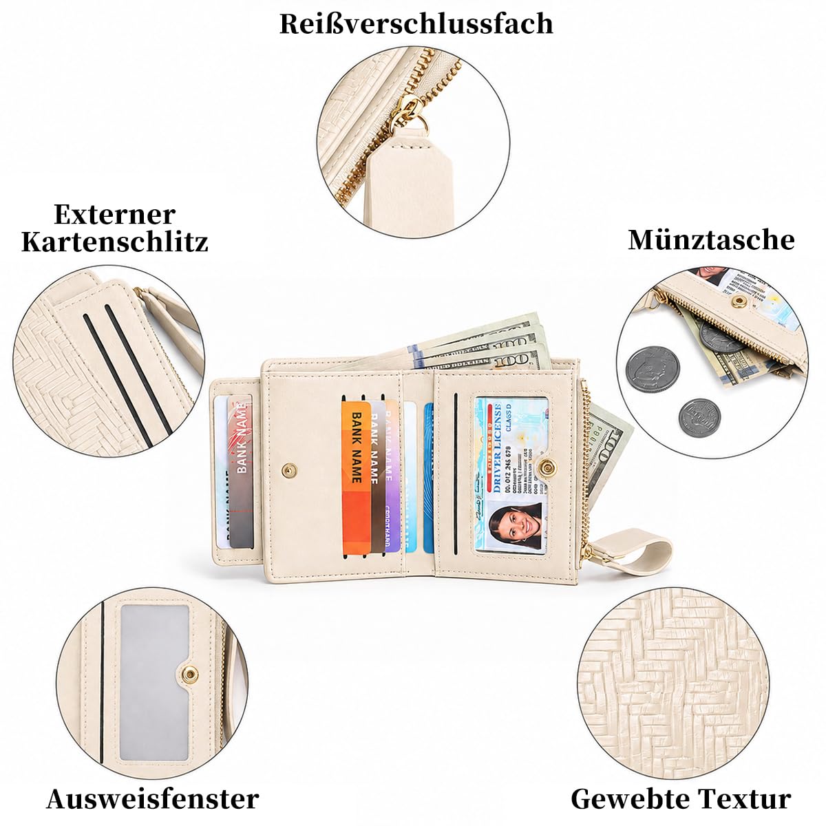 GOIACII Mini portafoglio da donna con motivo intrecciato retrò, portamonete con molti scomparti per carte di credito e scomparto con cerniera per monete, A01 beige., S, Rétro