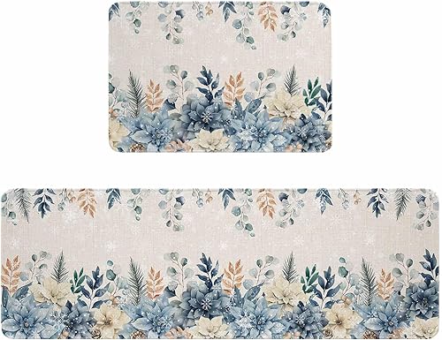 Tapete de camino de cocina de Navidad, eucalipto, invierno, copos de nieve, granja, flores, azul, ducha, bañera, puerta de bienvenida, tapete