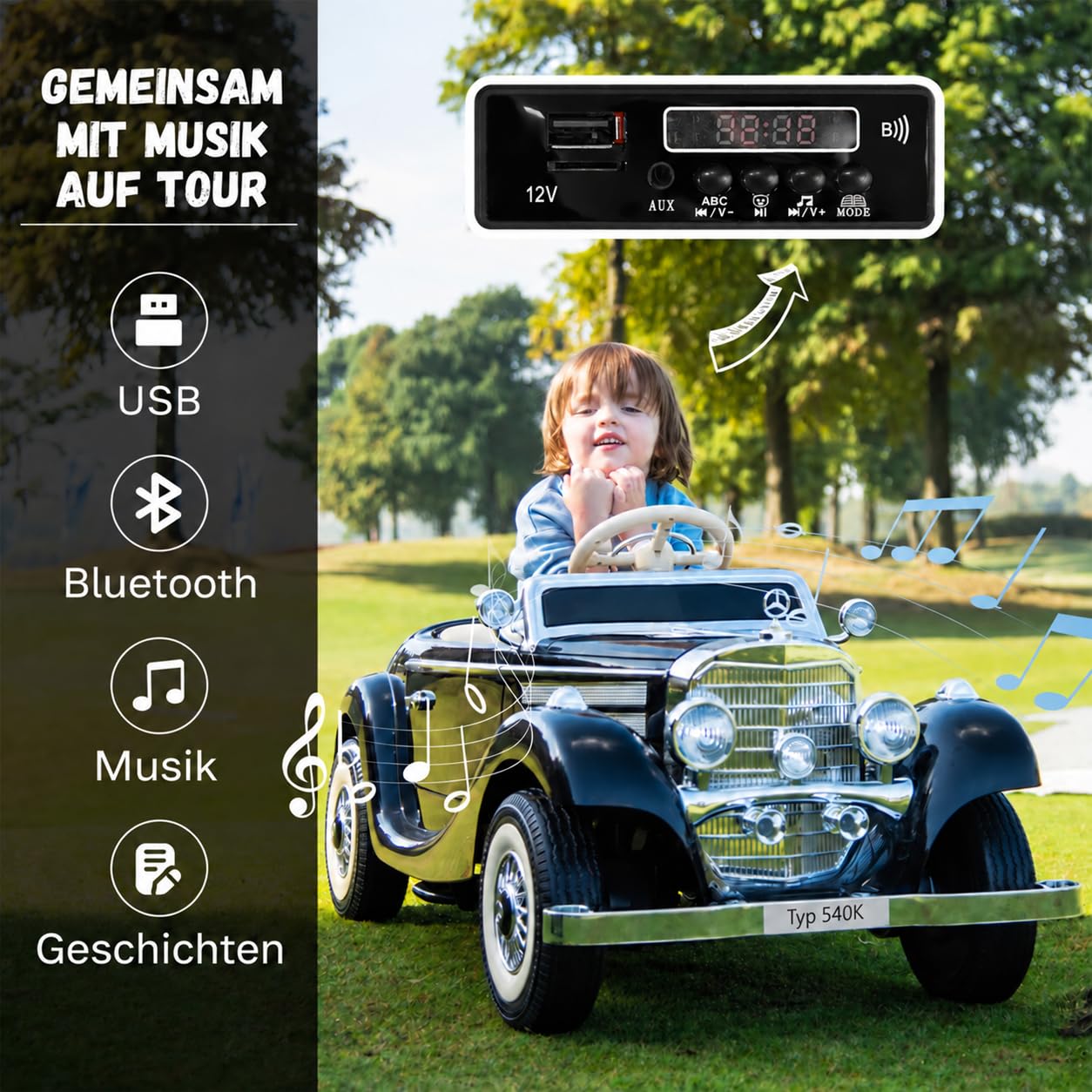 Kinder Elektroauto 12V mit Fernbedienung, LED Licht & Musik,Schwarz