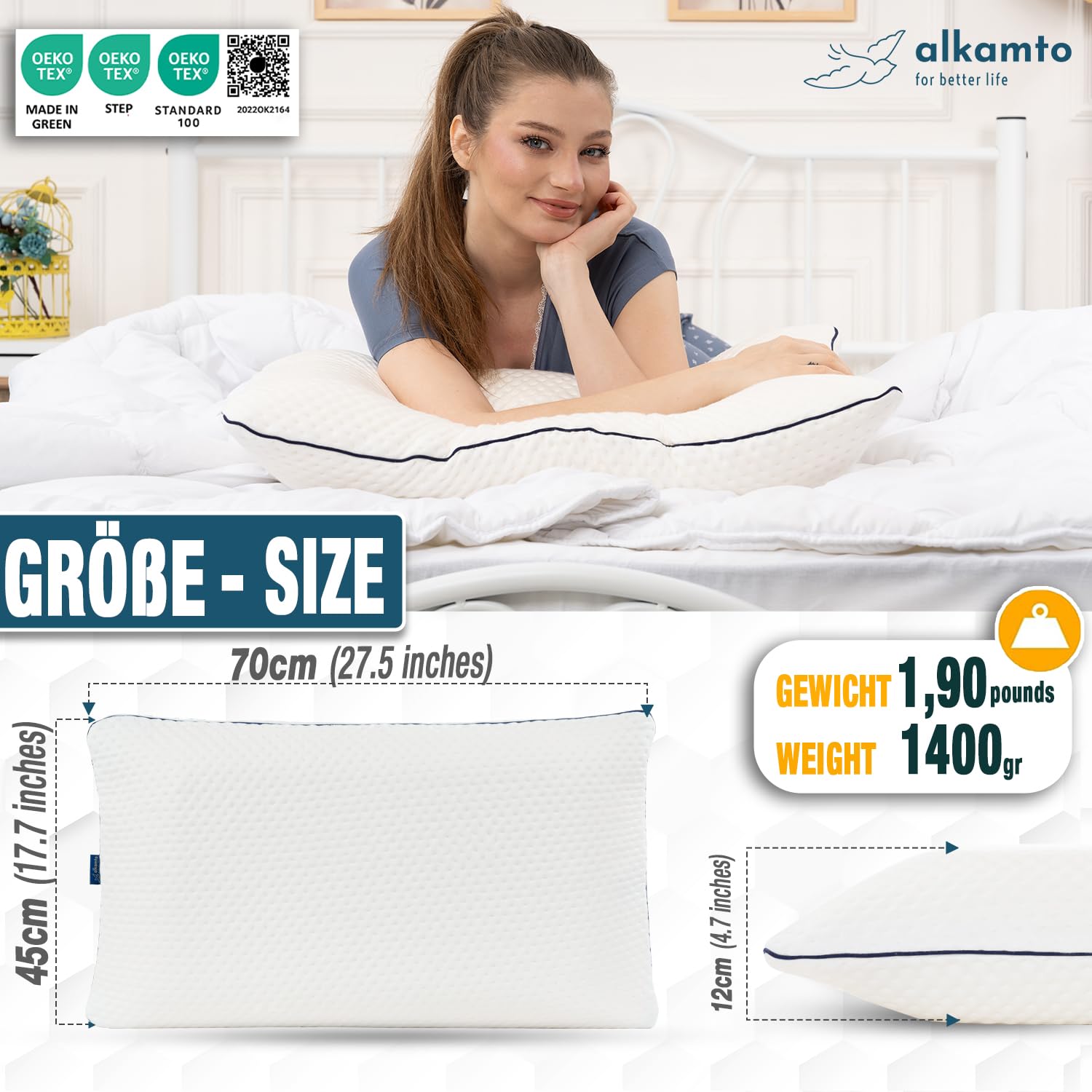 alkamto Cuscino in memory foam, 70 x 45 cm, ergonomico, certificato Oeko-Tex, rivestimento termoregolante, ipoallergenico e lavabile, per chi dorme sulla schiena e sul fianco (70 x 45 x 12 cm)