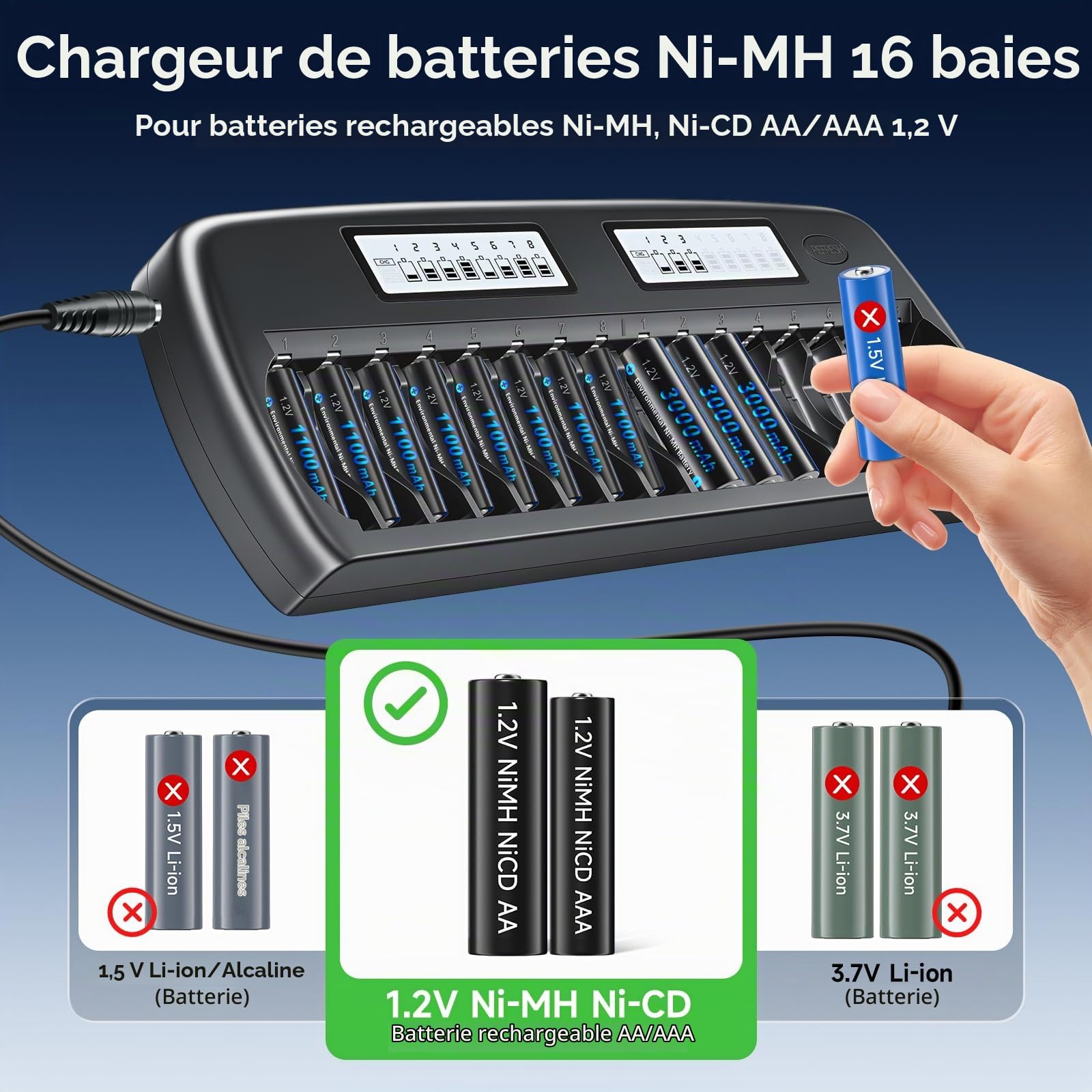 CITYORK LCD Chargeur de Piles AA AAA 16 Slot pour Piles Rechargeables AA/AAA Ni-MH Ni-CD avec Protection IC intégrée et Bloc d'alimentation (Chargeur Inclus)