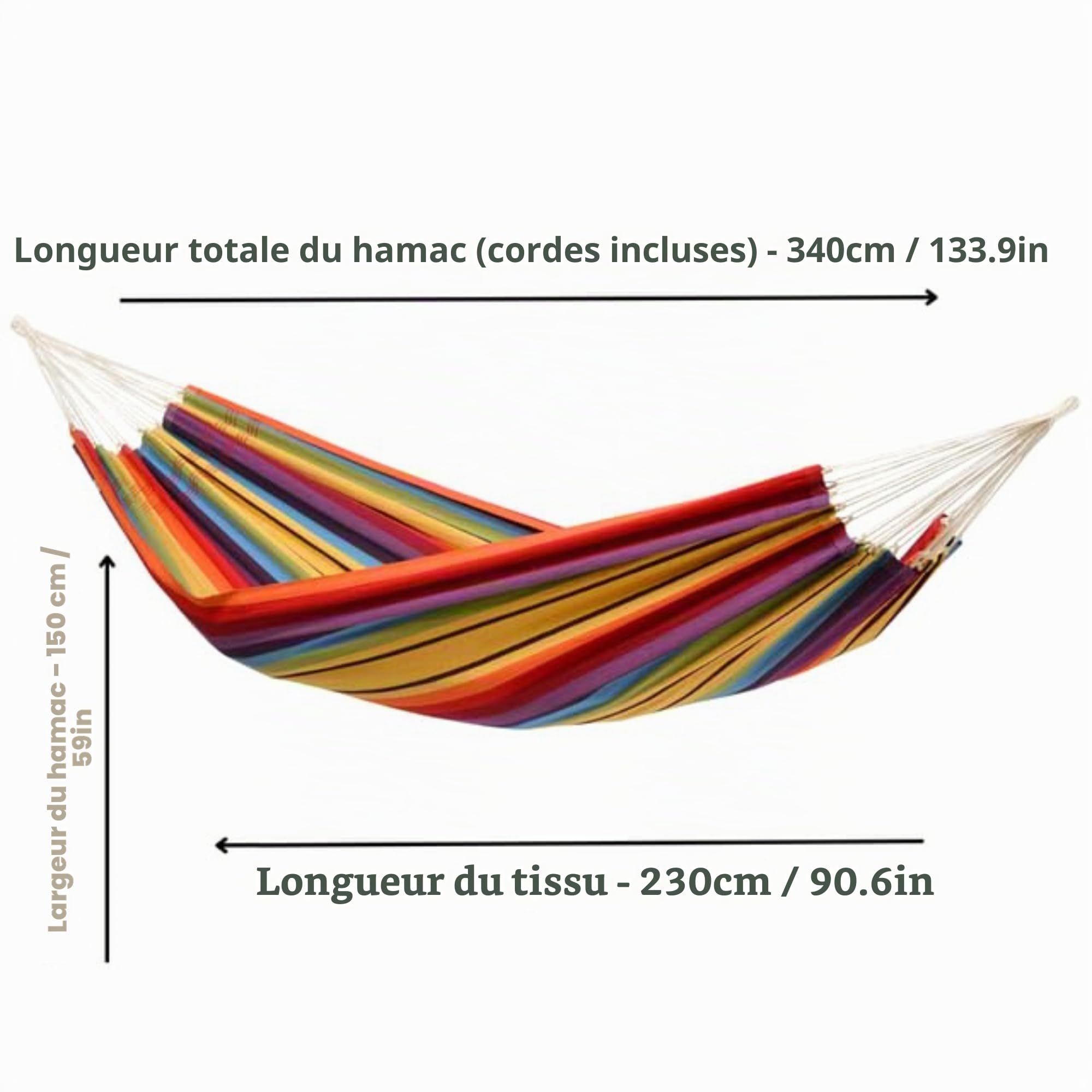 AMAZONAS Hamac classique XL Barbados Rainbow fait à la main au Brésil jusqu'à 200 kg de capacité de charge avec 230 x 150 cm pour 1-2 personnes en rayures multicolores longueur totale 340 cm