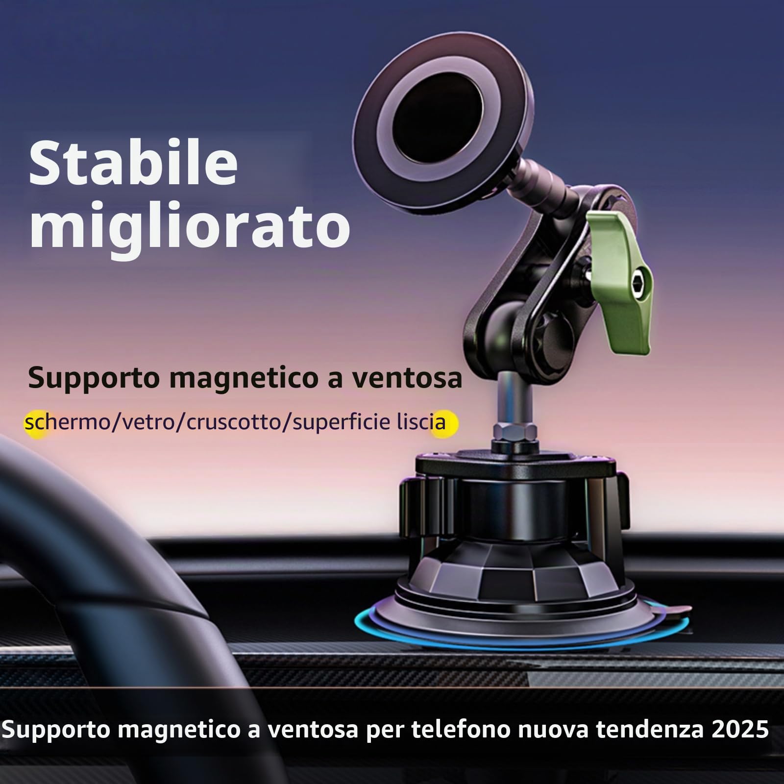 EMEBAY Supporto Magnetico per Auto, Lega di Alluminio Resistente al Calore | per Cruscotto/Parabrezza, Supporto per Telefono da Auto per Smartphone/Telecamere, Stabile, Anti-vibrazione a 360°