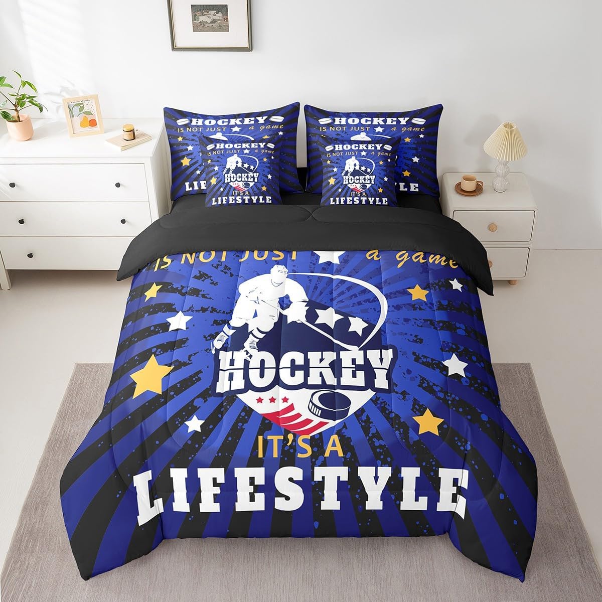 7Pcs Ice Hockey Comforter Sets Queen Size, Puckster Decor Eat Sleep Hockey Comforter Set Bed in a Bag(1 Comforter, 1 Flat Sheet 1 Fitted Sheet 2 Pillowcases and 2 Throw Pillow Covers)