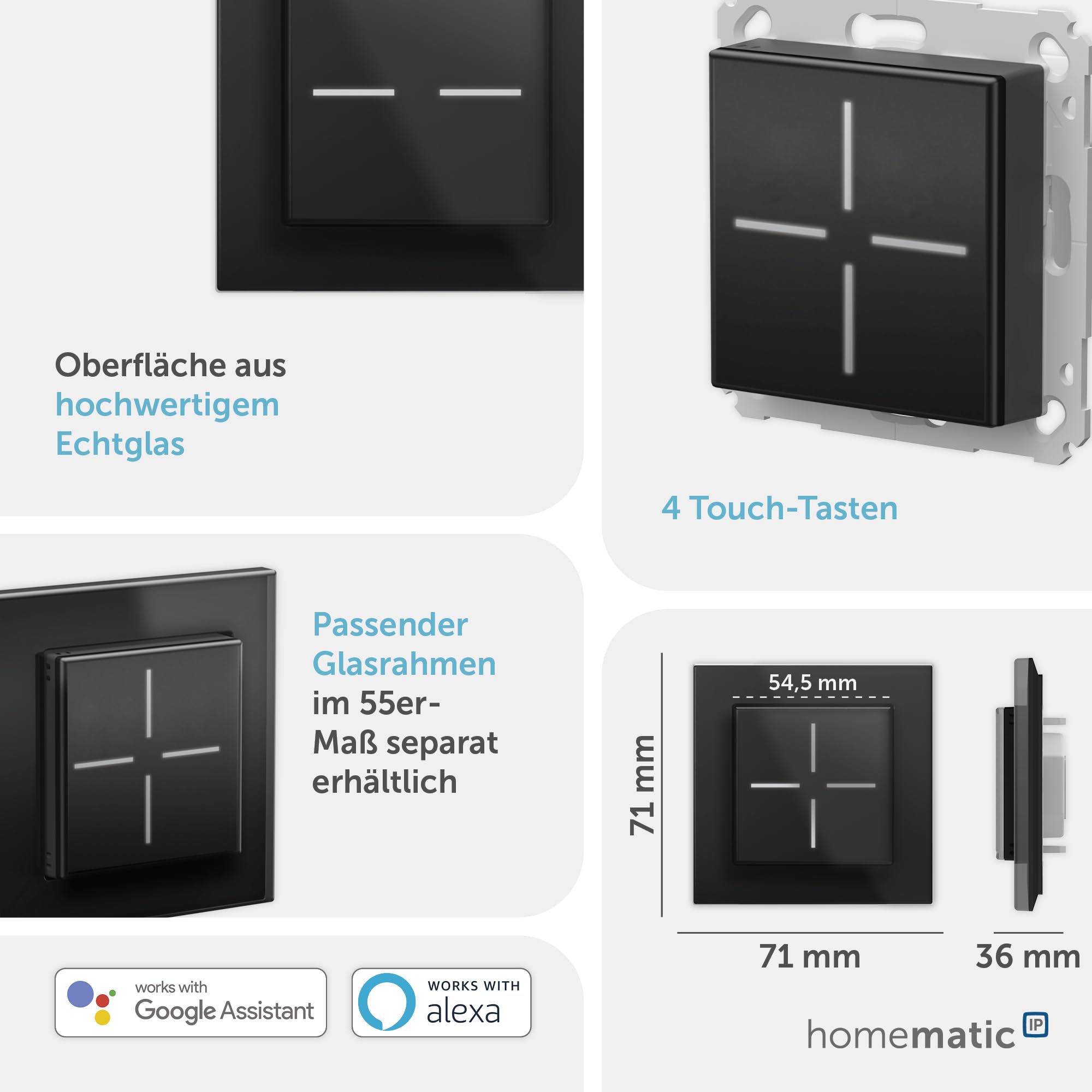 Homematic IP Termostato de pared de cristal negro Smart Home, mide la temperatura + humedad del aire, termostato digital, radiador/calefacción por suelo radiante con aplicación, Alexa, Google