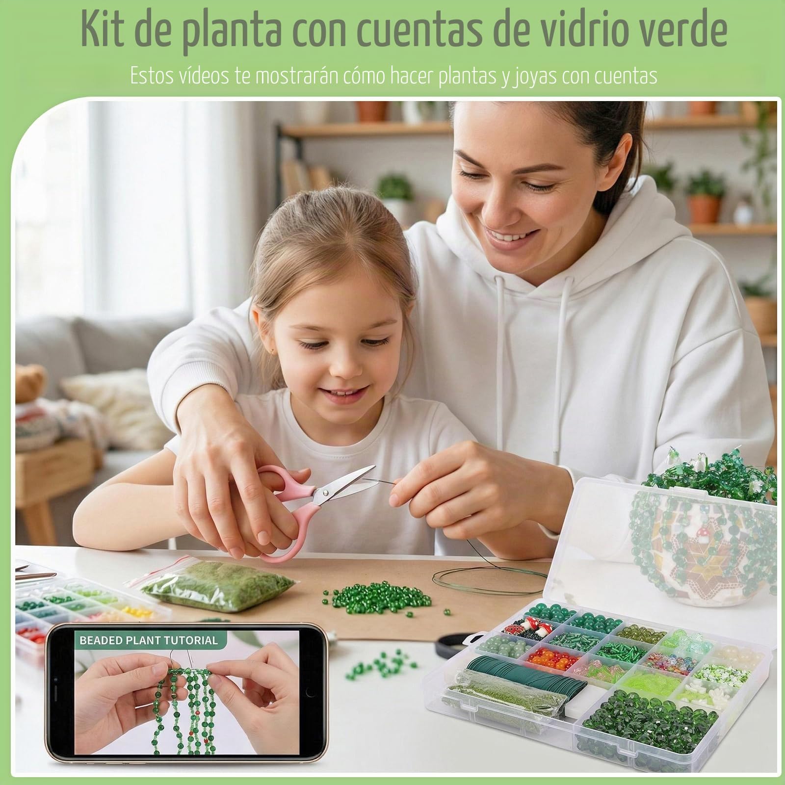 Juego de 2383 cuentas de cristal verdes para suculentas artificiales con tutoriales de vídeo, cuentas para enhebrar pulseras, collares, pendientes, bisutería, atrapasueños, cristal