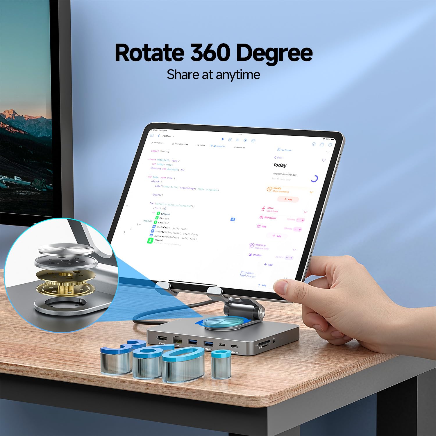 iPad Pro USB C Hub, adattatore per iPad Pro M4 M2 M1 13 12.9 11 pollici iPad Air Docking Station pieghevole con 4K 60Hz HDMI, ricarica PD, lettore di schede SD/TF, 3 USB 3.0, audio da 3,5 mm, supporto