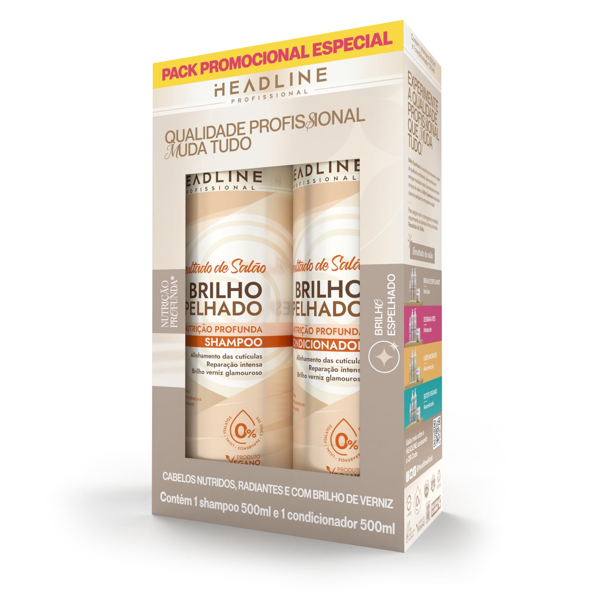 Kit Shampoo e Condicionador Brilho Espelhado - Nutrição Profunda - HEADLINE Resultado de Salão - 500ml