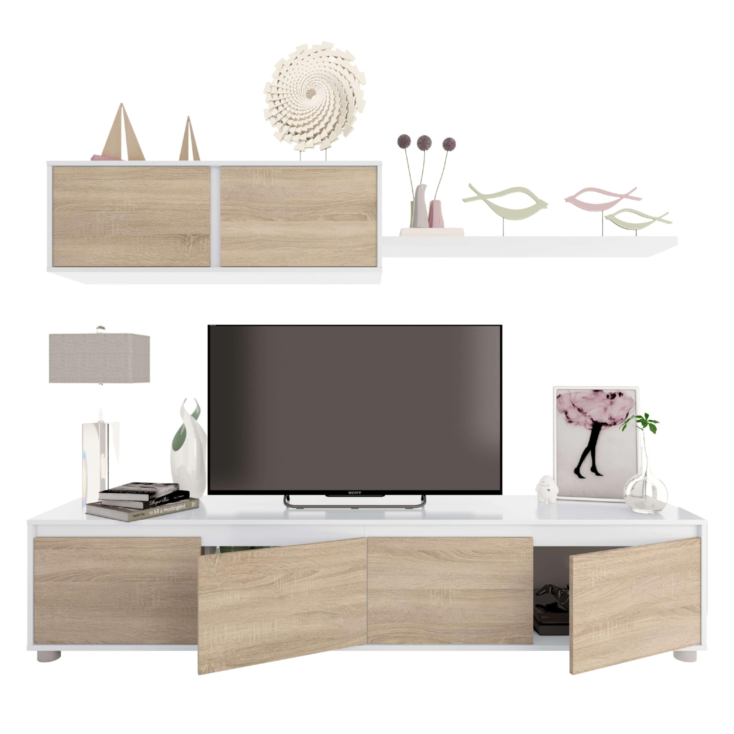 Miroytengo Conjunto para Salón con Mueble TV, módulo Superior y Estante en Color Roble Canadian y Blanco Mate 200cm