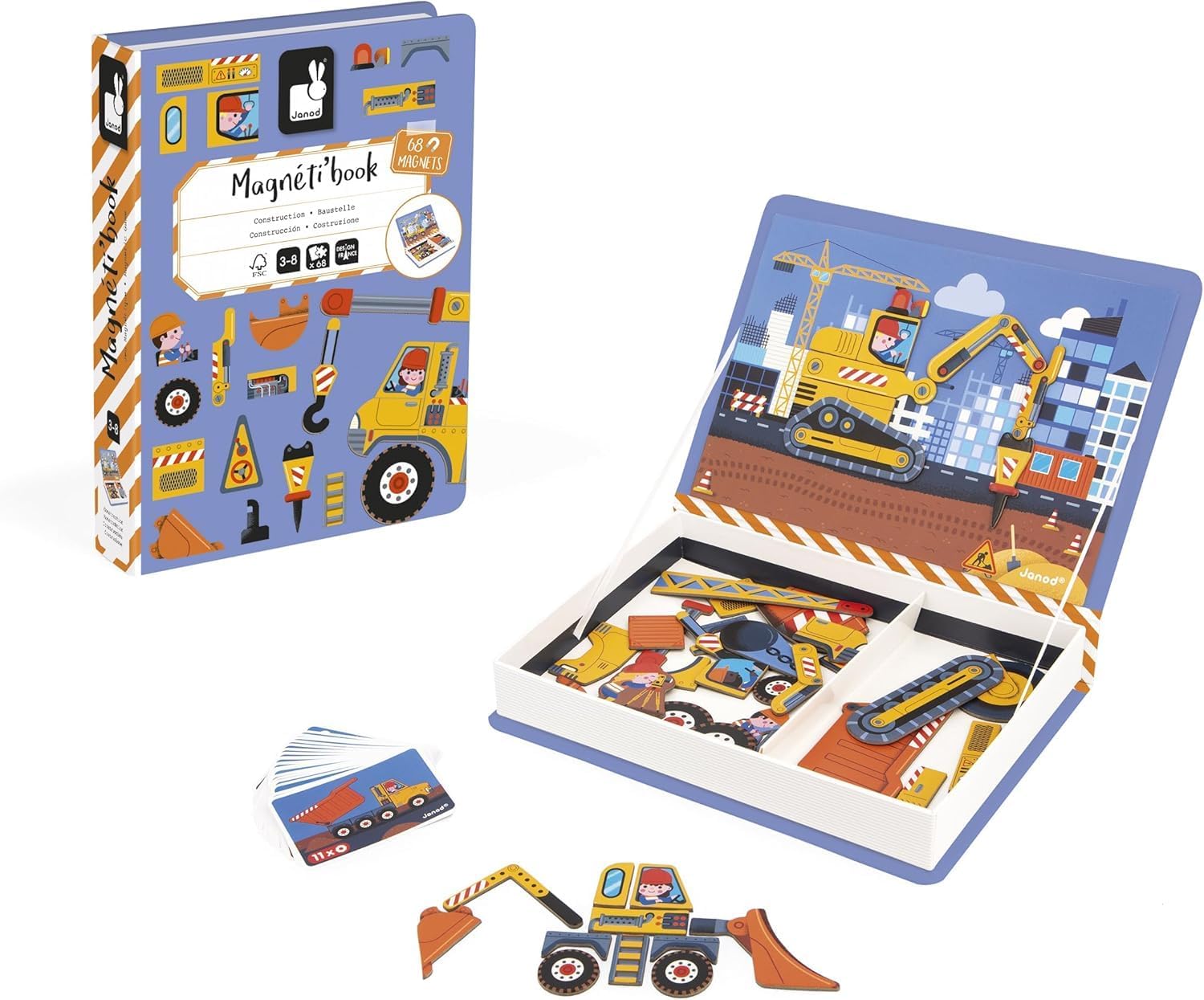 Janod - Magnéti'Book Construction Site Vehicles - Magnetic Educational Game 50 Magnets + 18 Models - Cardboard Children's Toy - Develops Dexterity and Imagination - from 3 Years Old - J02526
