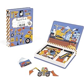 Janod - Magnti\'Book Construction Site Vehicles - Magnetic Educational Game 50 Magnets + 18 Models - Cardboard Children\'s Toy - Develops Dexterity and Imagination - from 3 Years Old - J02526