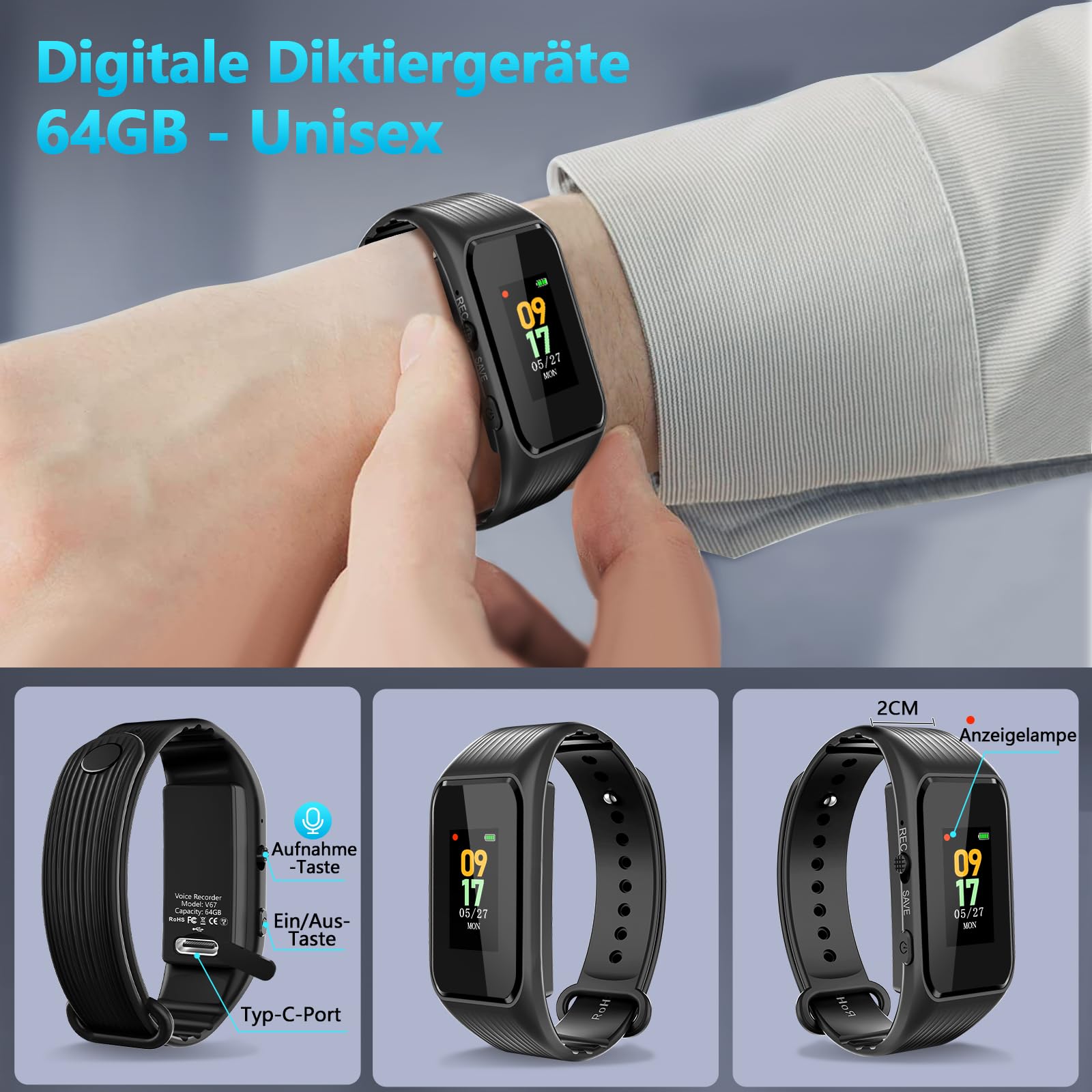 64GB Armband-Diktiergerät – Passwortschutz, EIN-Knopf-Aufnahme, 1536KB HD-Zeitgesteuerte Aufnahme, Sprachaktivierter Aufnahmegerät mit DSP-Rauschunterdrückung für Meetings Interviews Klassen