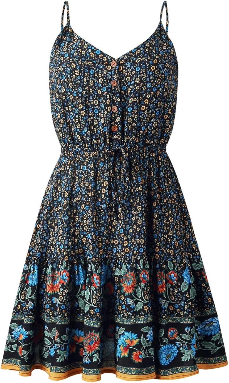 Women Summer Floral Spaghetti Strap V Neck Boho Button Flared A-Line Mini Dress
