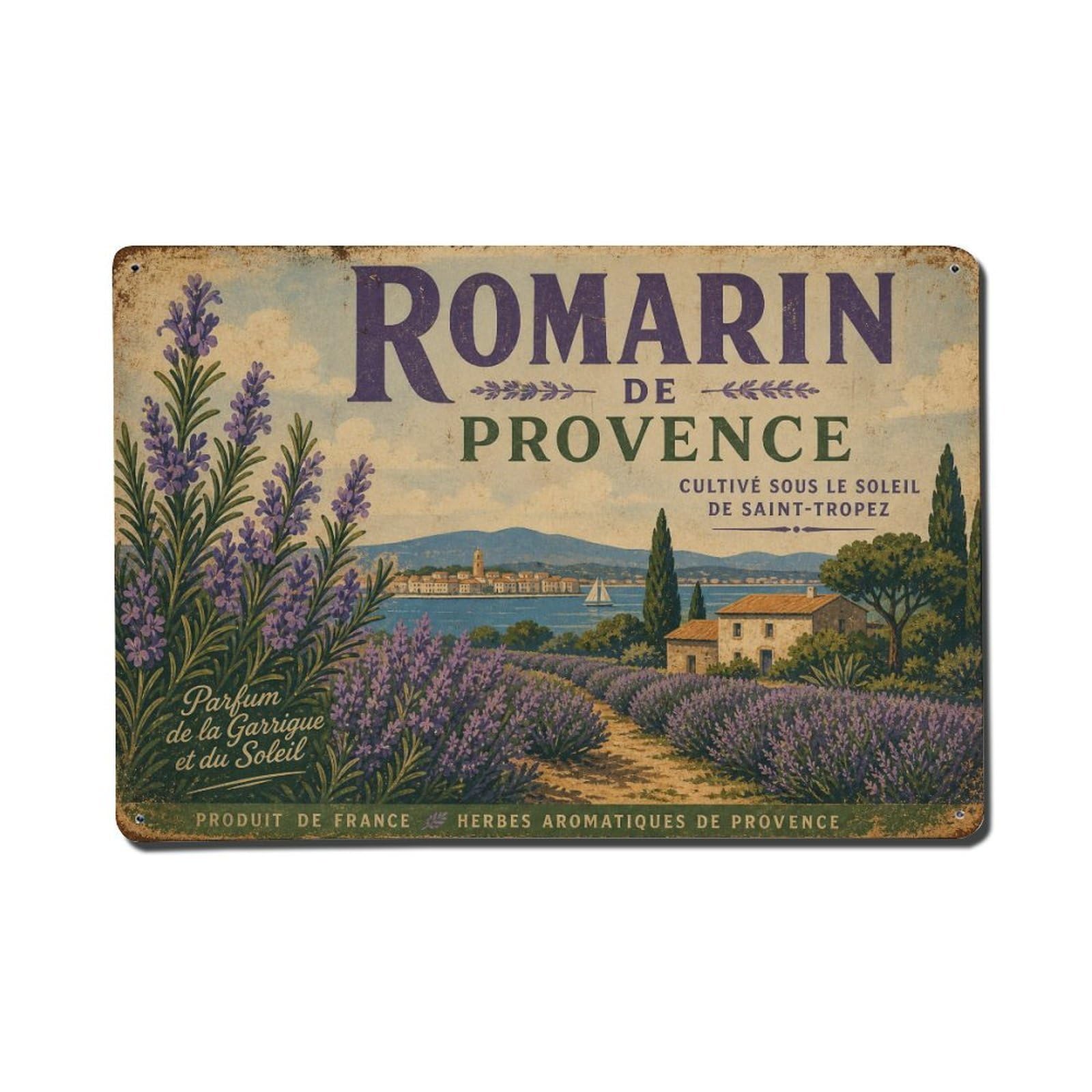 Vintage Travel Rosemary Fields France Aromatic Herbs Metal Tin Sign