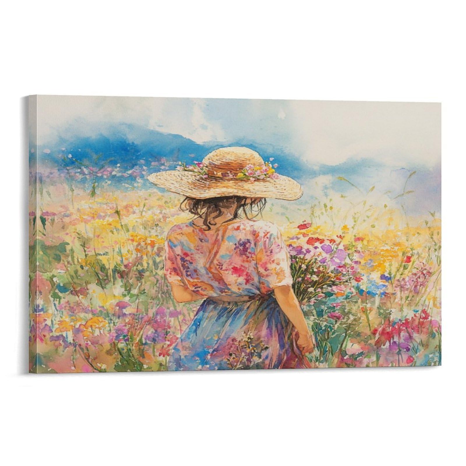 CPLVKWRQJ Woman in Field Single Watercolor Floral Scene Canvas Wall Art - Fade Resistant Ready to Hang Living Room Focal Point Wall Decor 20x30inch(50x75cm)