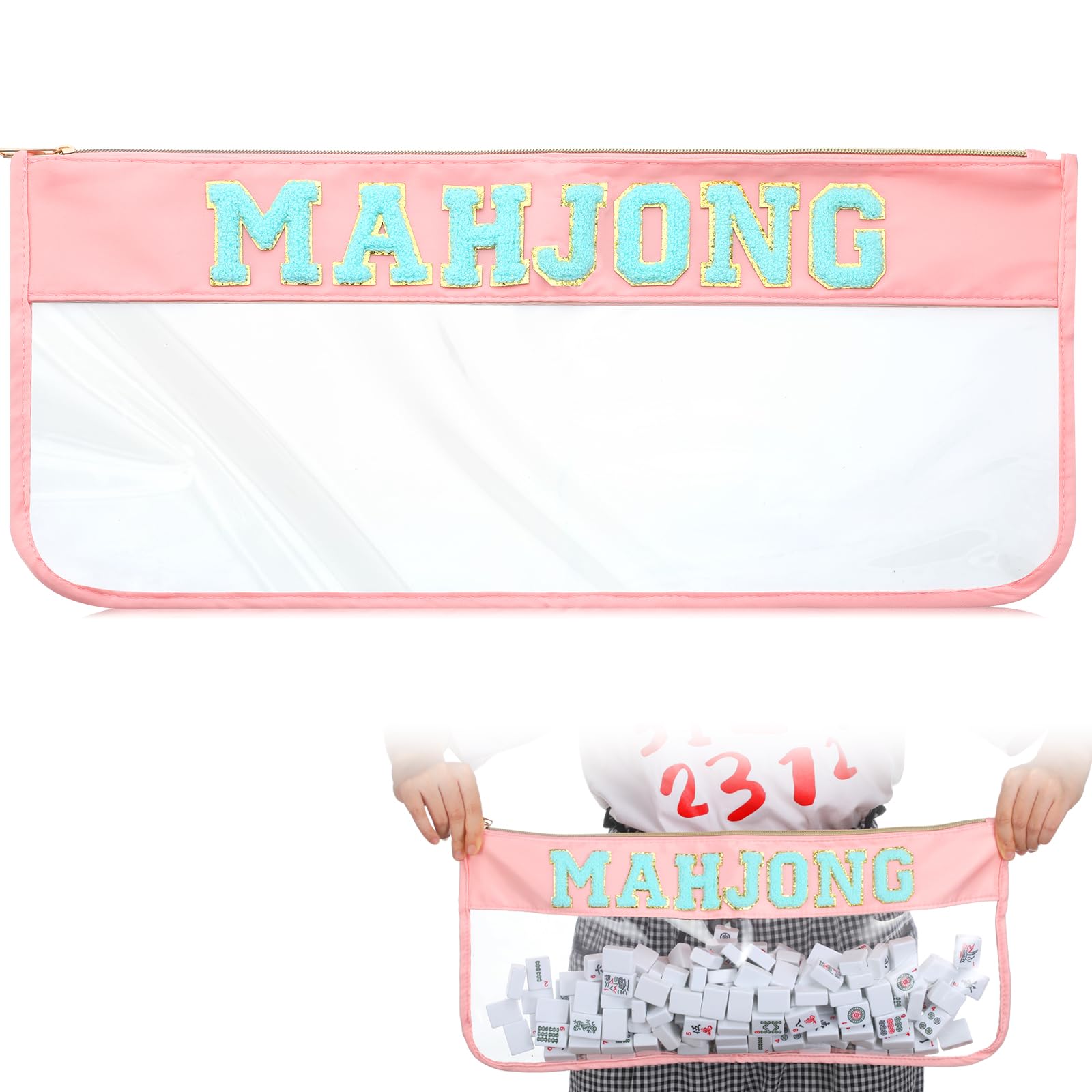 Sunnymove 1 PCS American Mahjong Bag - Empty Mahjong Tiles Bag Only with Zippered & Letters, Case Only(Pink Blue Moh-jong)
