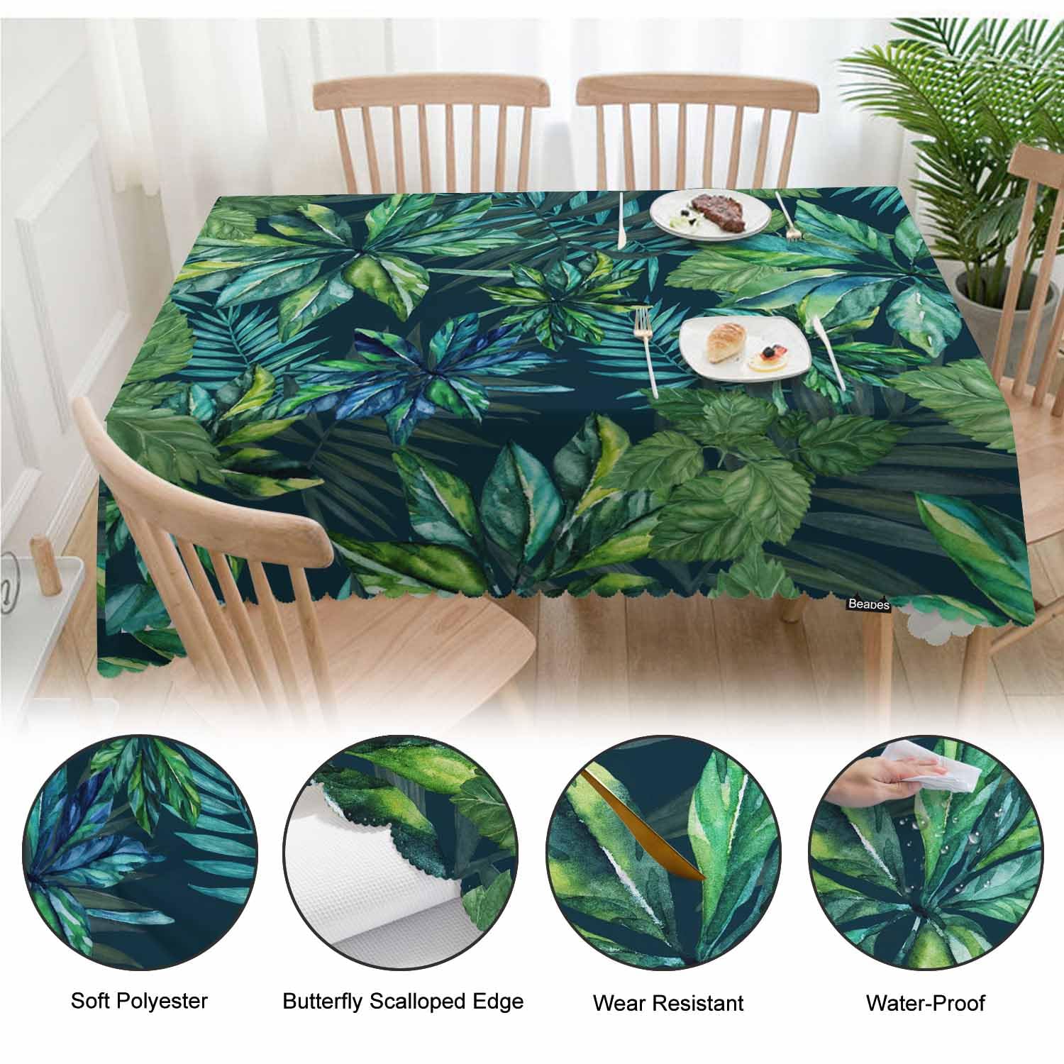Chiinvent Green Leaves Rectangle Tablecloth - 60x120 Inches, Waterproof Oxford Fabric With Tropical Palm Leaf Pattern