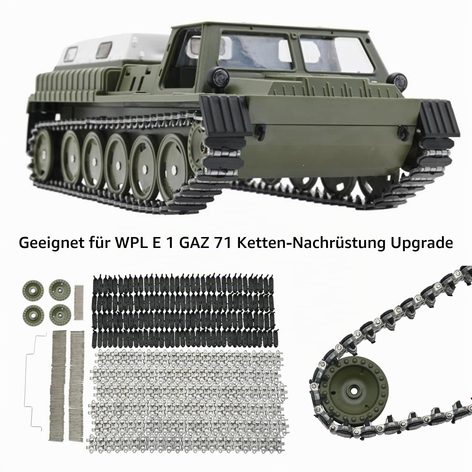 Fockety Metallketten-Set, Aluminium-Modell, Panzerkettenteile, Kettenradteile mit Verbindungswelle, RC-Panzerketten, DIY-Zubehör für Wpl E 1 GAZ 71 Kettenmodifikation und Upgrade