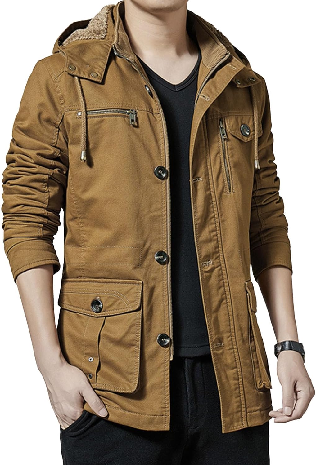 Maiyifu-GJ Men's Winter Military Parka Jacket Hooded Thicken Warm Coat Fleece Lined Windproof Outerwear Windbreaker