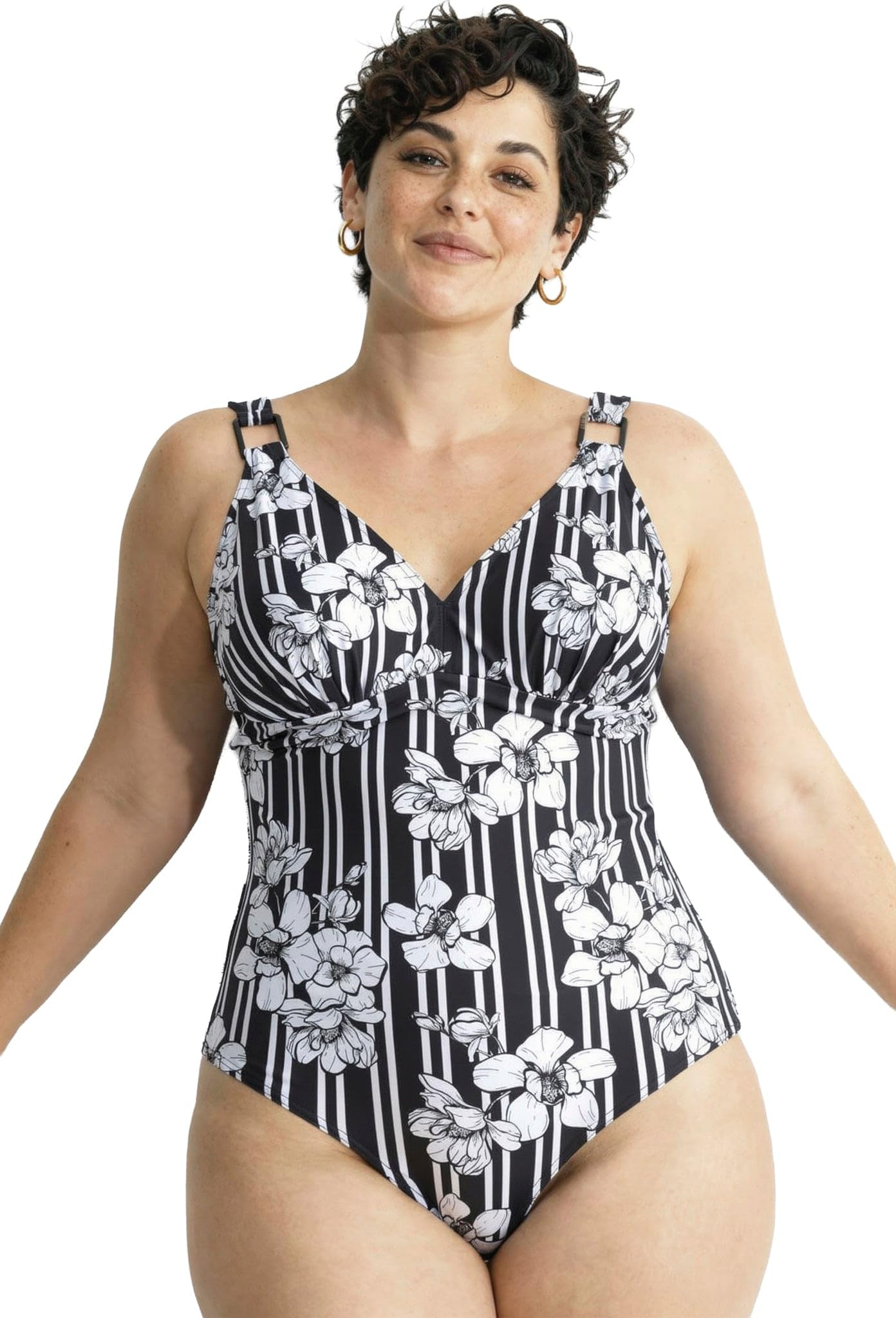 Ulla Popken Damen große Größen Übergrößen Plus Size Badeanzug, Blütenstreifen, Softcups, recycelt 846661