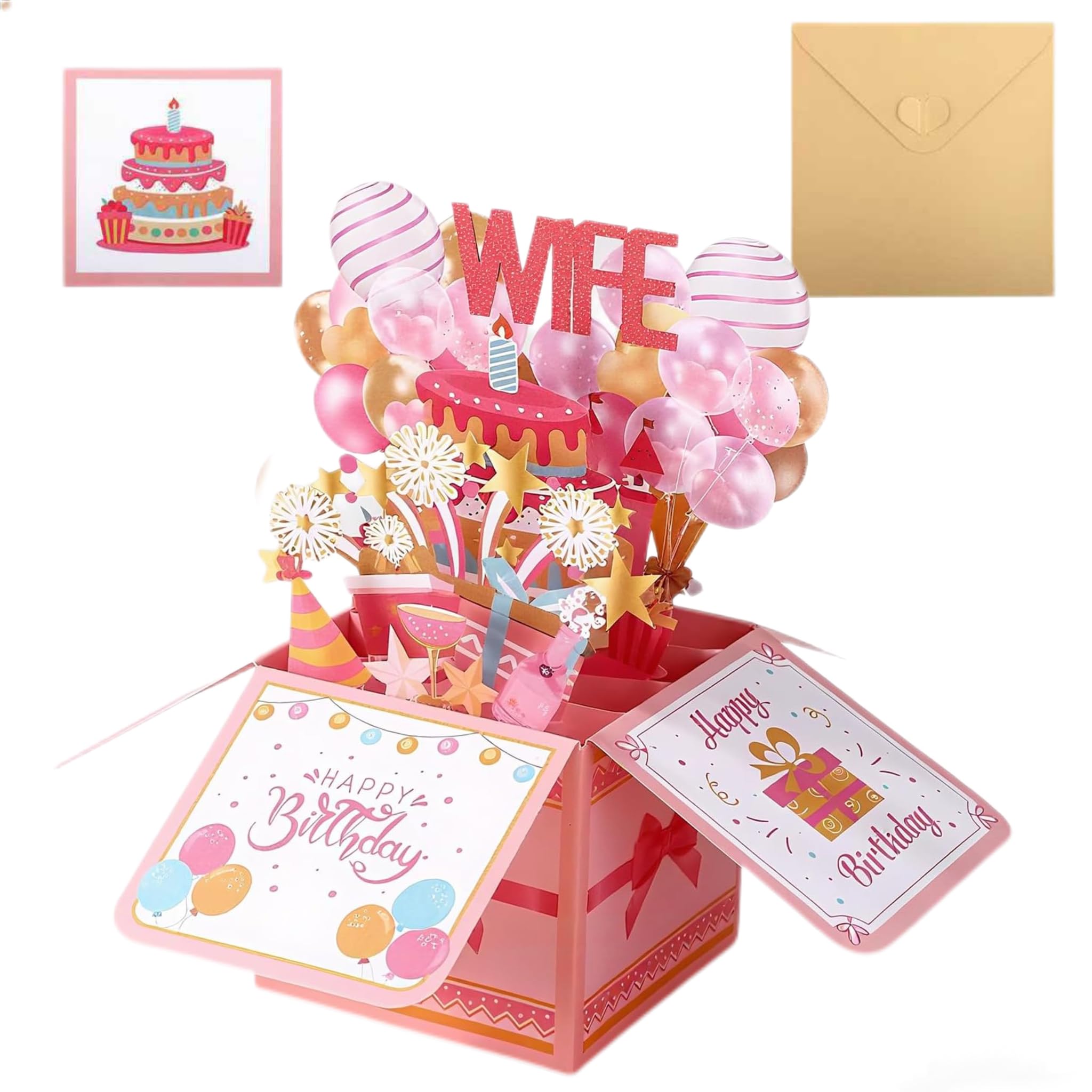 JJBAOER Wife Birthday Card, 3D Fireworks & Balloons Pop Up Greeting Card with Envelope & Blank Note, Romantic Gifts from Husband Boyfriend for Her Birthday Anniversary