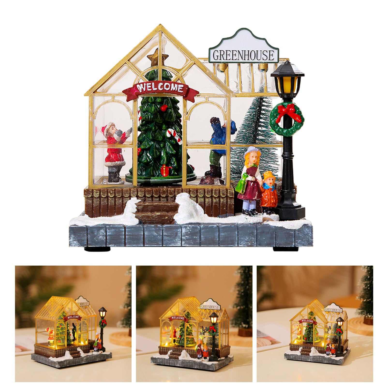 Adorno de resina musical de temporada navideña con luz LED, figura giratoria de árbol de Navidad, decoración de escritorio, adorno musical de casa