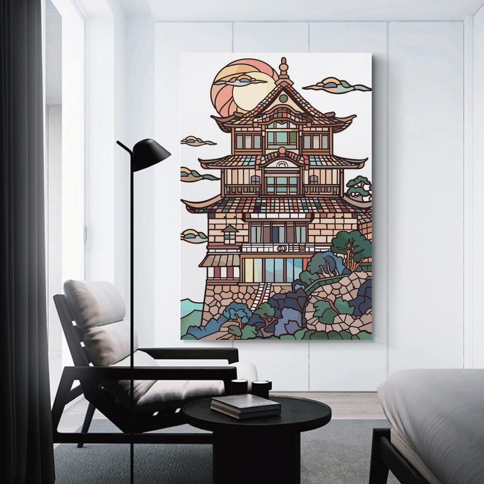 Junmoney Unframe-Style-22 Traditional Japanese Building With Sun And Clouds Home Decor Wall Art, 24X36inch(60X90cm), For Wall Displays, Bedrooms Or Room Updates, Ideal For Building A Coordinated Art Wall