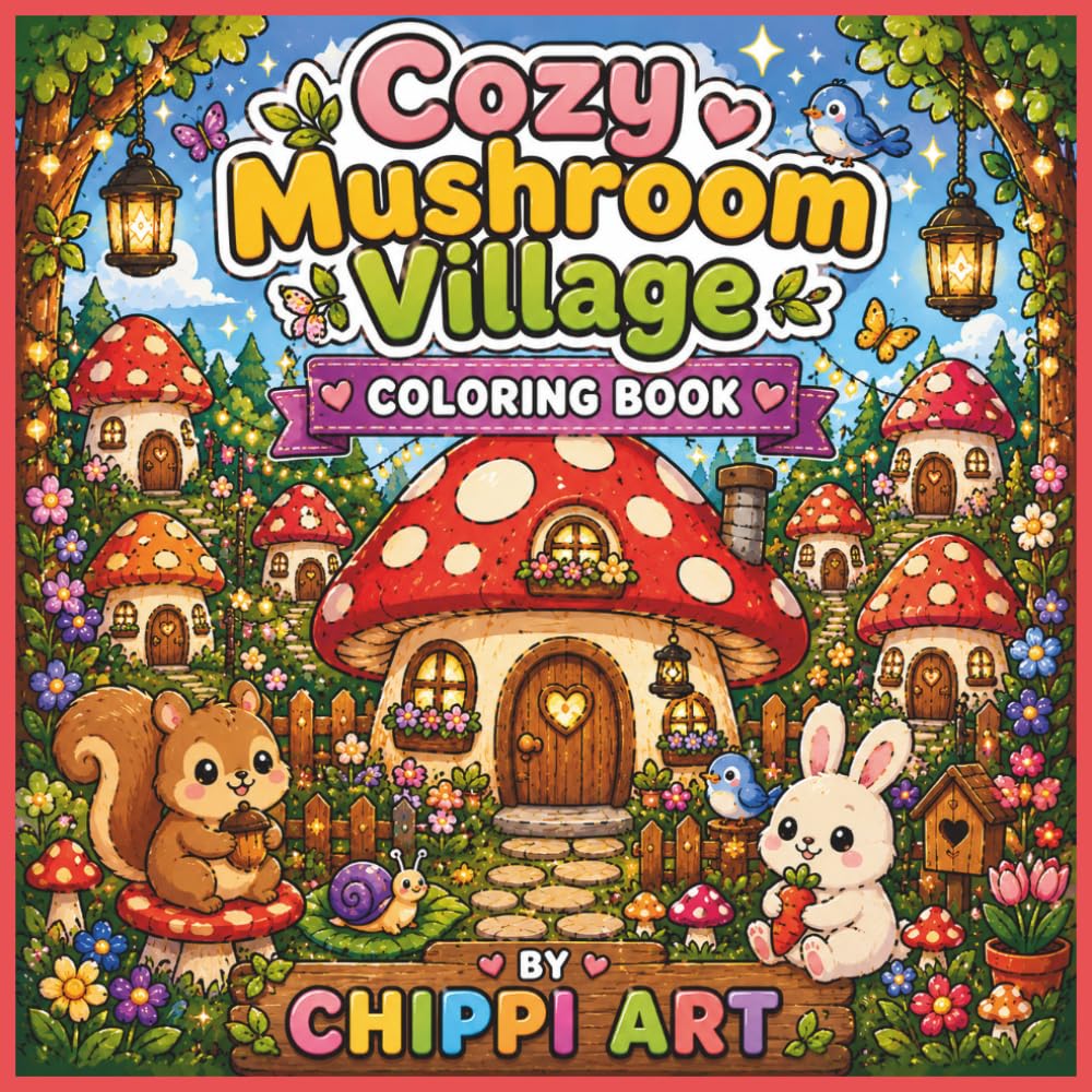 Cozy Mushroom Village Coloring Book: Bold and Easy Coloring Pages Featuring Cute Mushroom Houses, Fairy Cottages, Forest Animals, Magical Gardens, and ... (Cozy Magical Worlds Coloring Book Series)