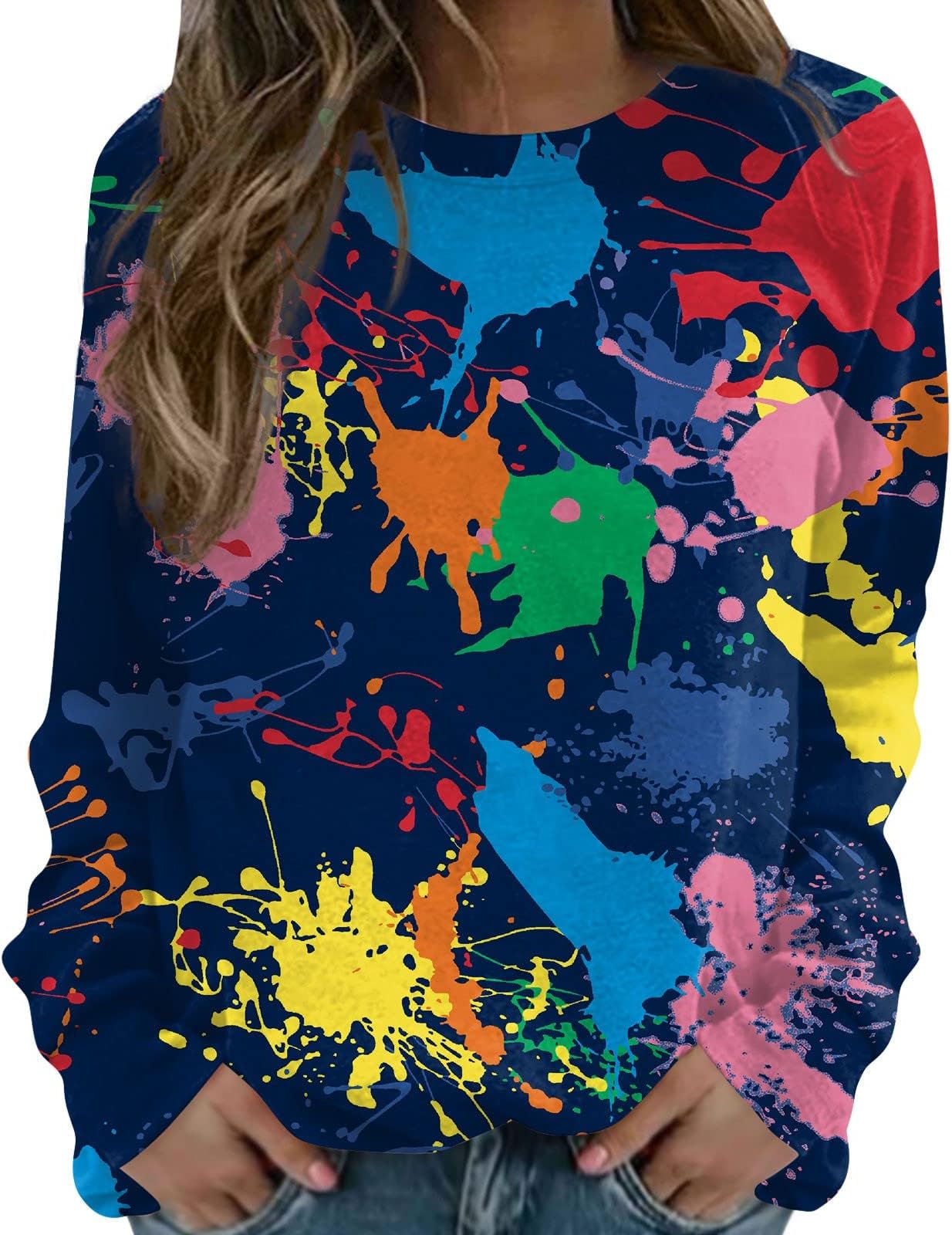 YUTANRALLong Sleeve Shirts For Women Elegant Floral Pattern Crewneck Sweatshirts Pullover Womens Casual Fashion Fit Comfy Plus Size Tops Blouses Y2k Clothing Graphic Hoodies(E Blue,Large)