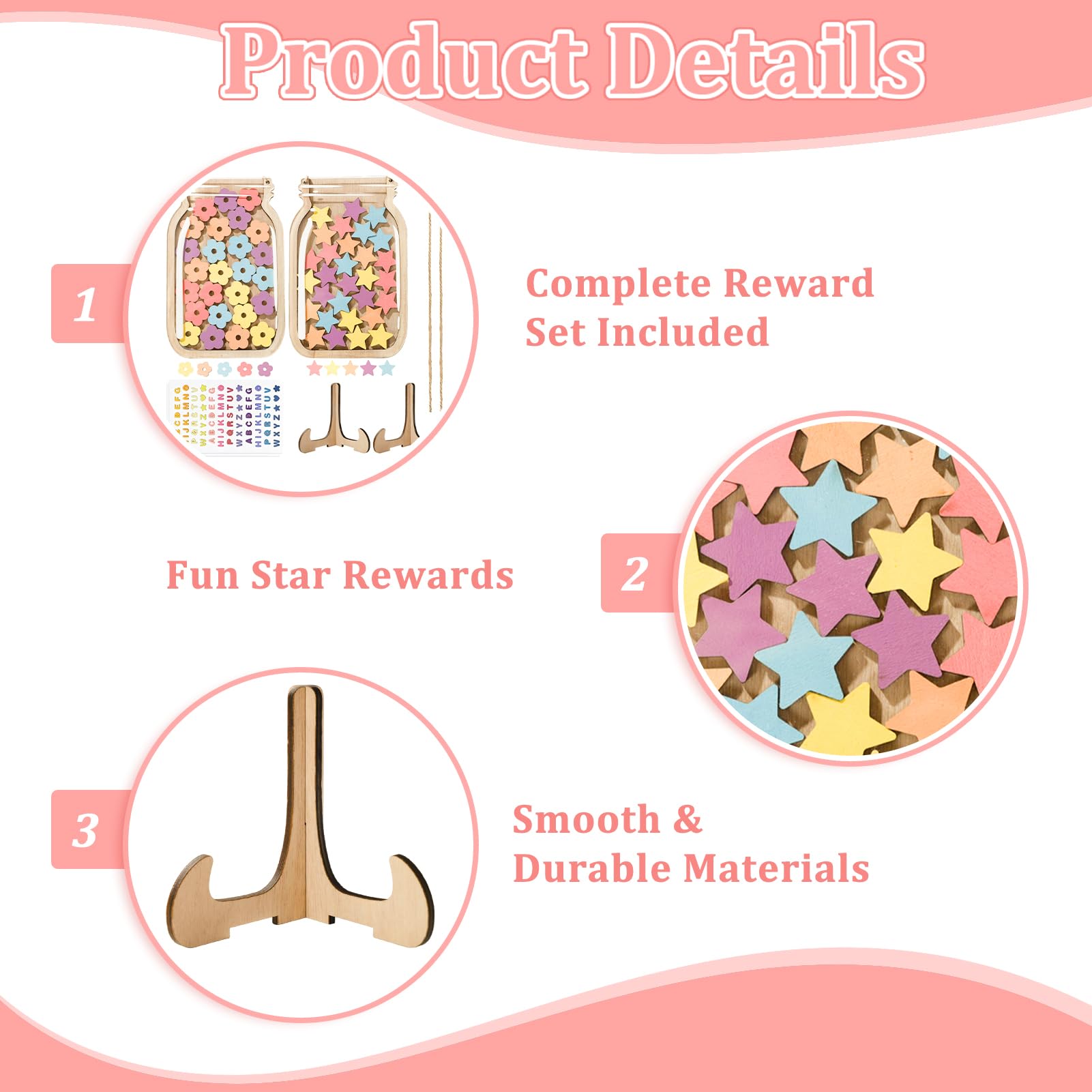 2 Pcs Reward Jar, Wooden Reward Jars for Children with 30 Stars and 30 Flowers, Good Behaviour Chart Reward Pot - Image 3