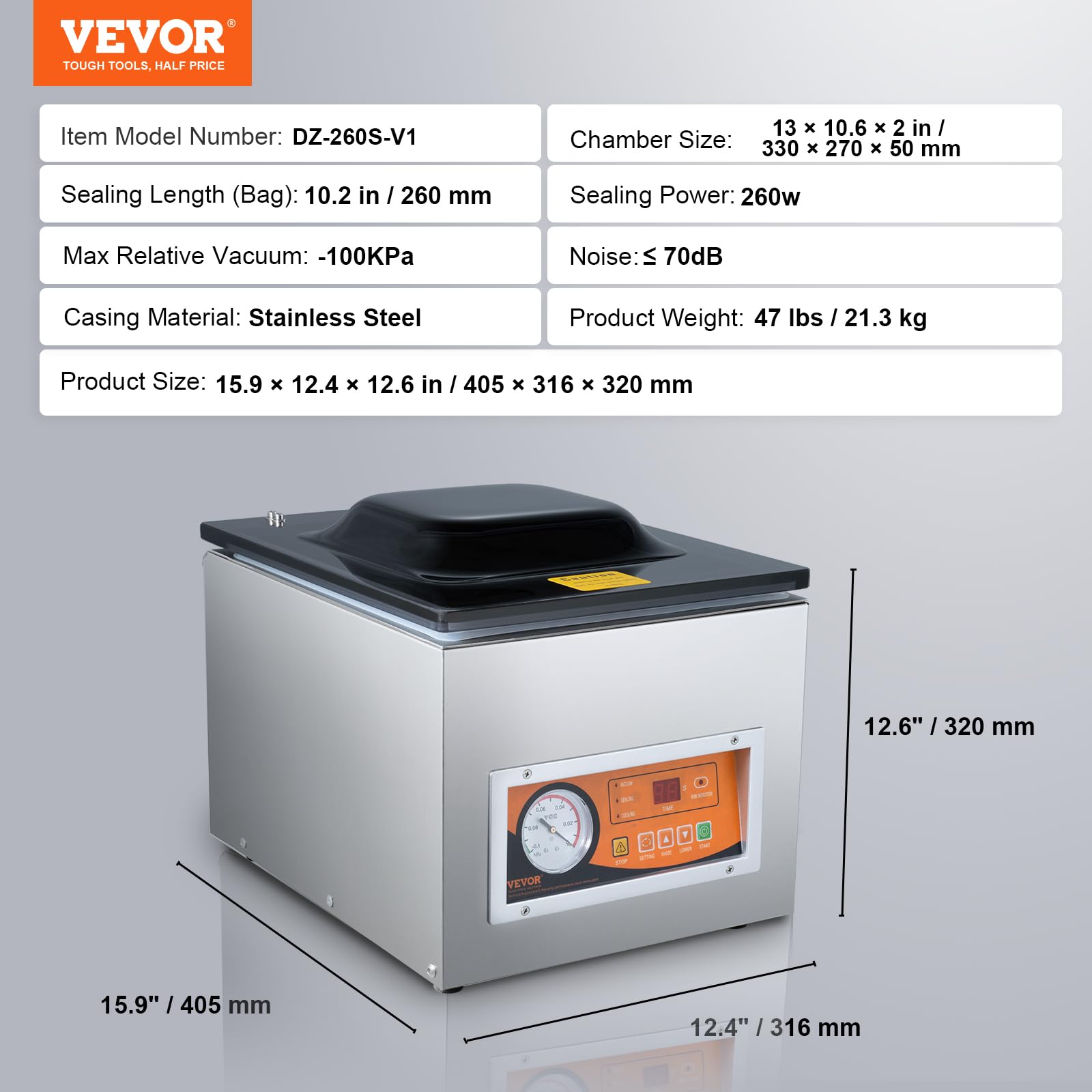 VEVOR Sellador al Vacío de Cámara 260 W Máquina de Envasado al Vacío de Acero inoxidable Tamaño Compacto de 260 mm para Cocina del Hogar Para Uso Comercial Para Alimentos Húmedos, Carnes y Adobos